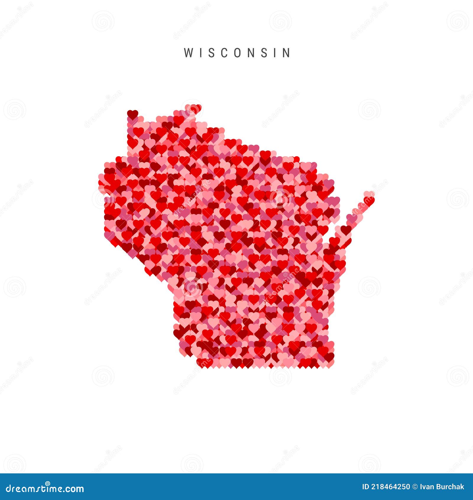 I Love Wisconsin. Red Hearts Pattern Vector Map of Wisconsin Stock