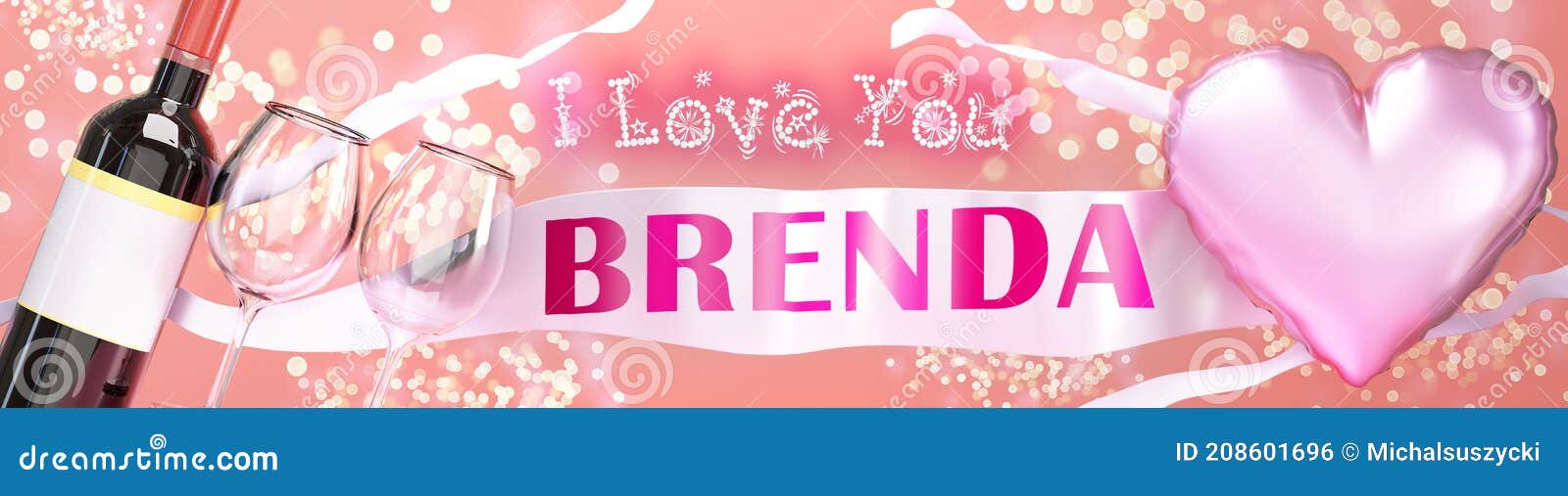 i love you brenda - wedding, valentine`s or just to say i love you celebration card, joyful, happy party style with glitter, wine