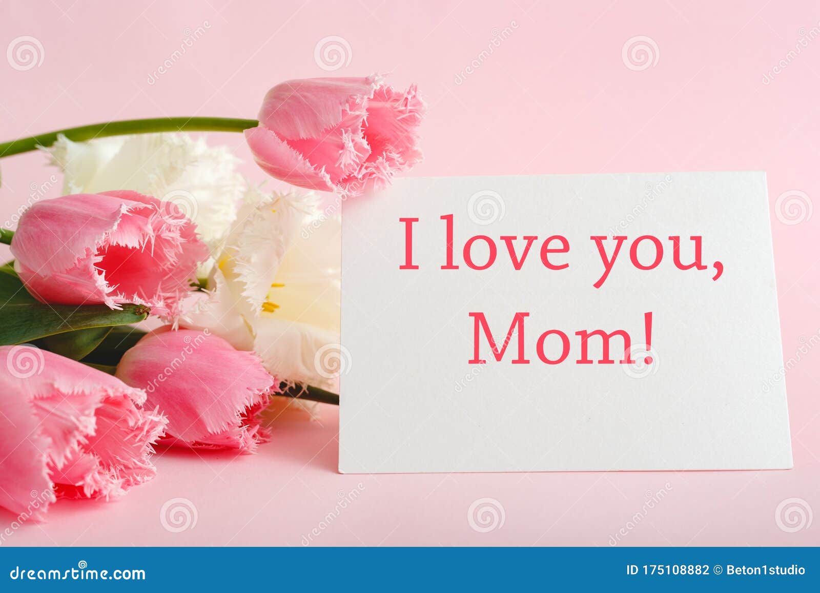 I Love You Mom Text On Gift Card In Flower Bouquet On Pink