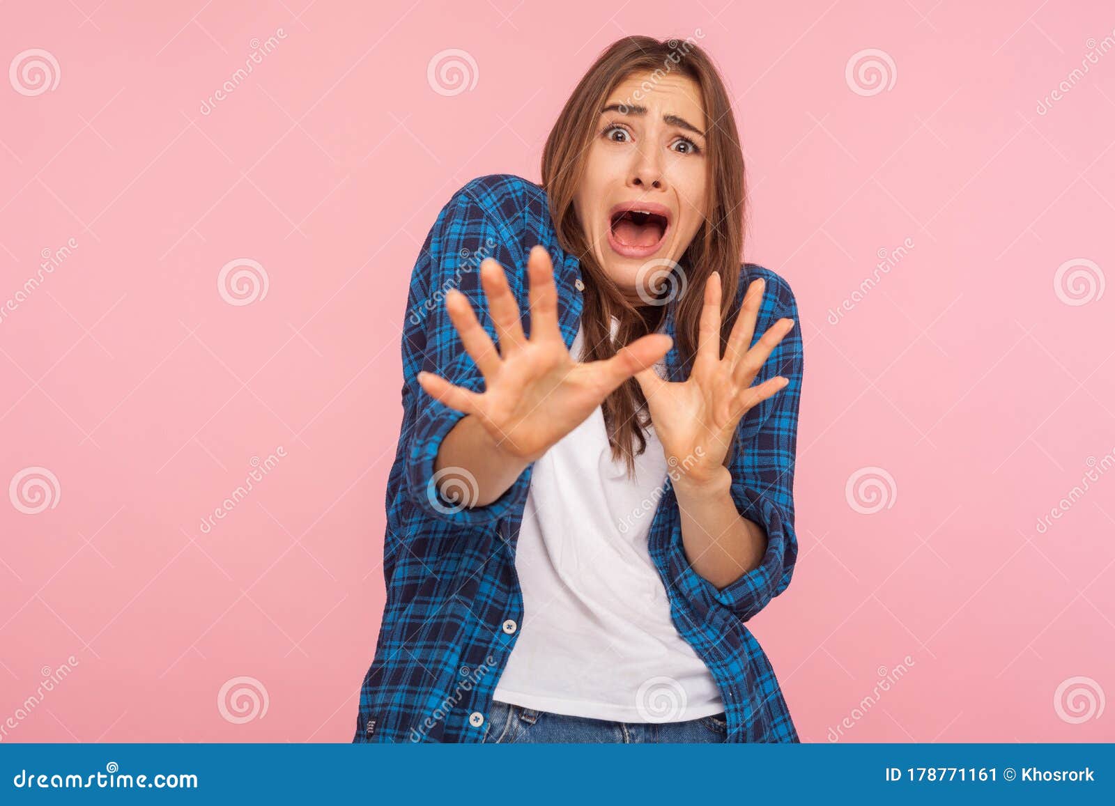 I`m Afraid Portrait Of Scared Terrified Brunette Man Making Frightened Gesture With Raised