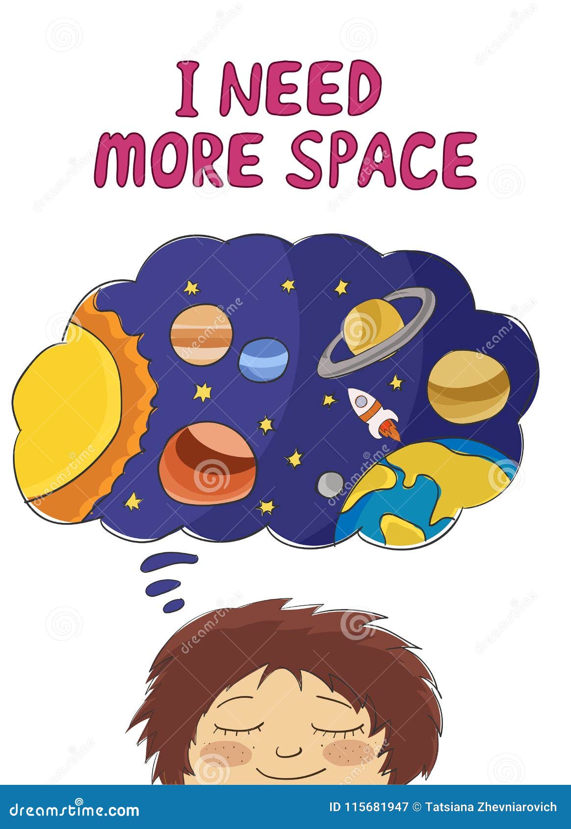 I Need More Space Slogan with Boy Dreaming of Space Stock Vector