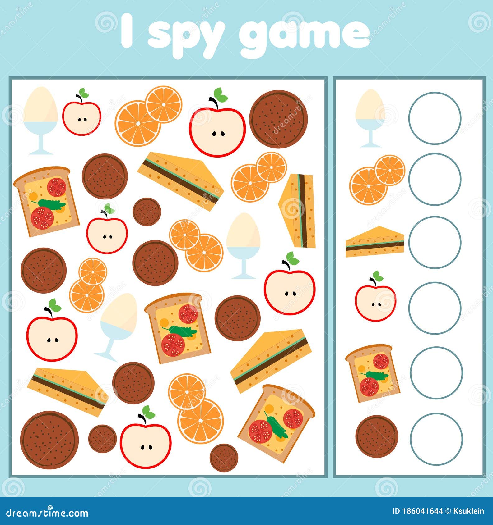 i spy game. find and count food. mathematics activity for kids, toddlers, children