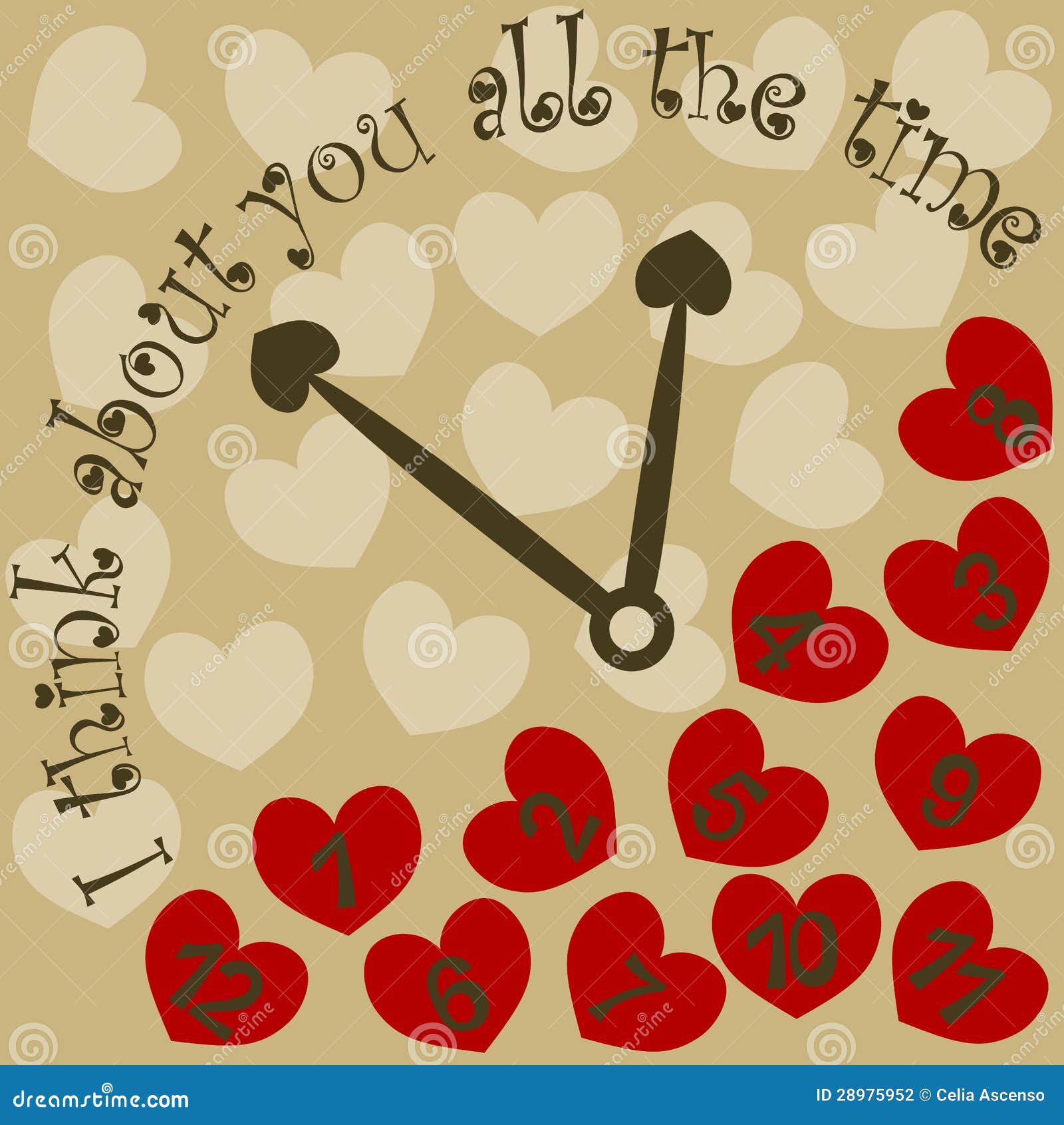 I Think about You All the Valentine Clock with Hearts Stock Illustration - Illustration of happy, friend: