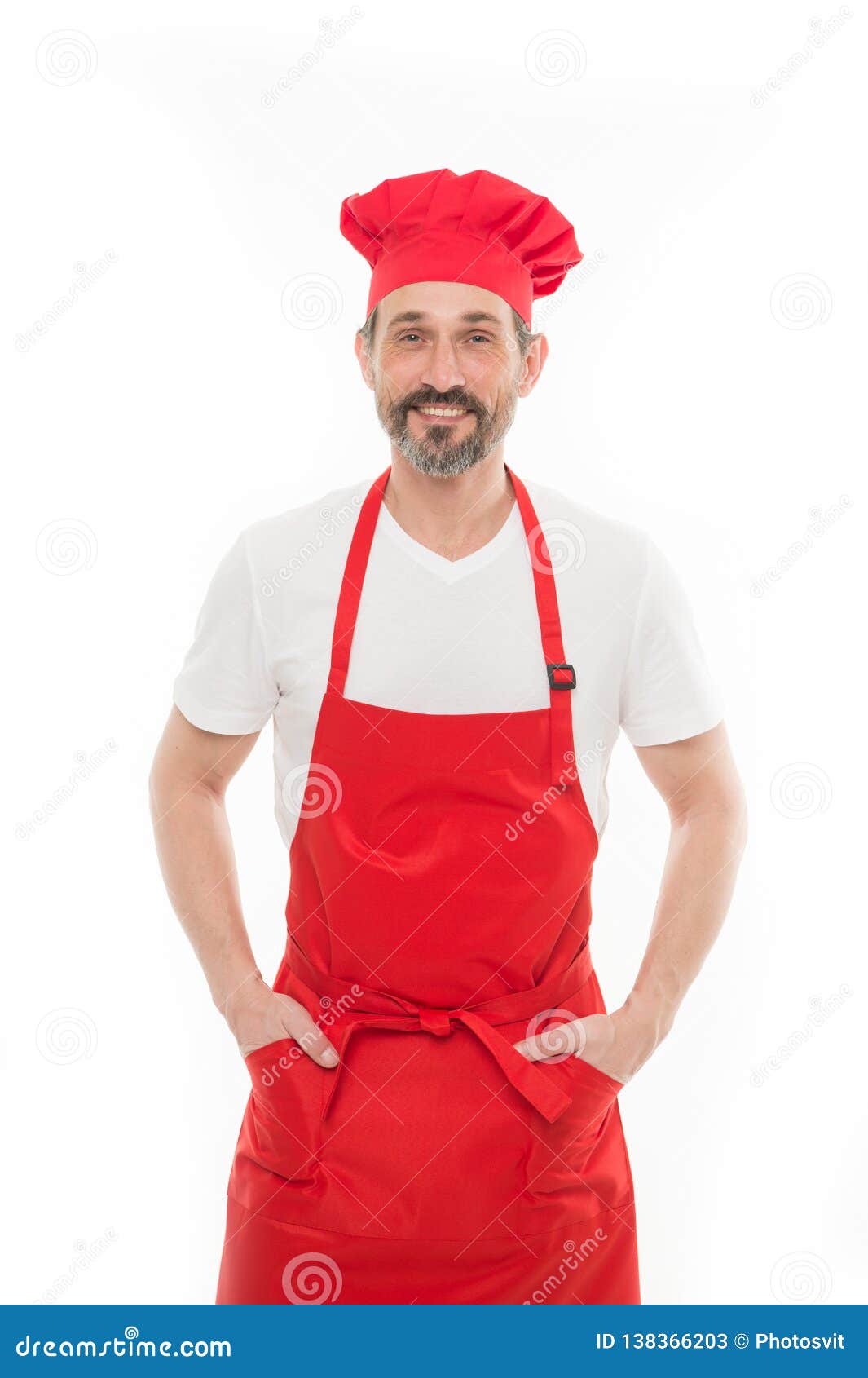 I Will Clean And Cook For You Bearded Mature Man In Chef Hat And Apron Stock Image Image Of 