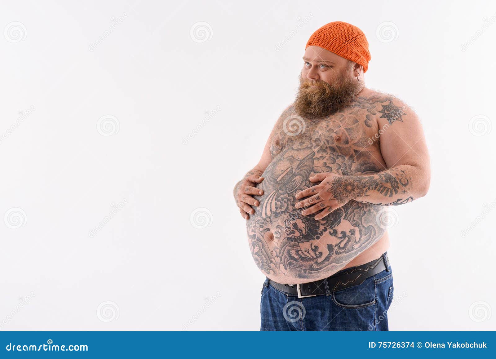 Fat bearded men with tattoos on arm holds beer bottle Stock Photo Picture  And Low Budget Royalty Free Image Pic ESY042856921  agefotostock