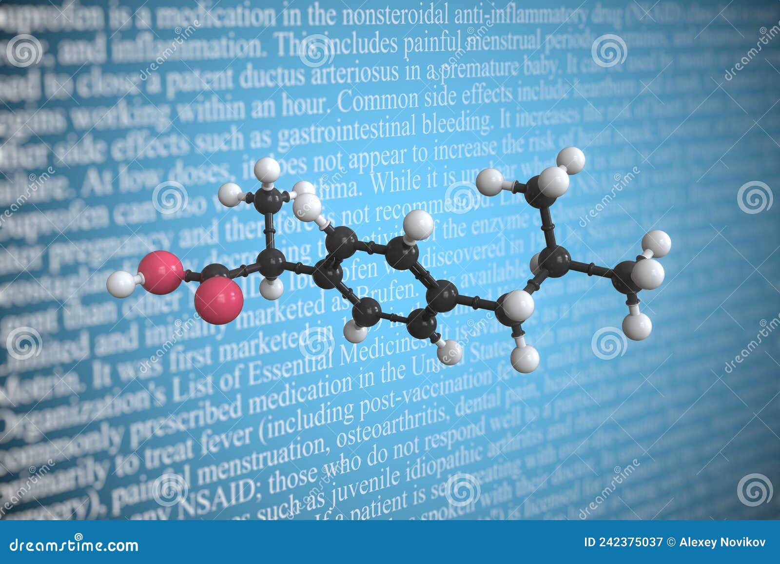 Ibuprofen Scientific Molecular Model, 3D Rendering Stock Illustration