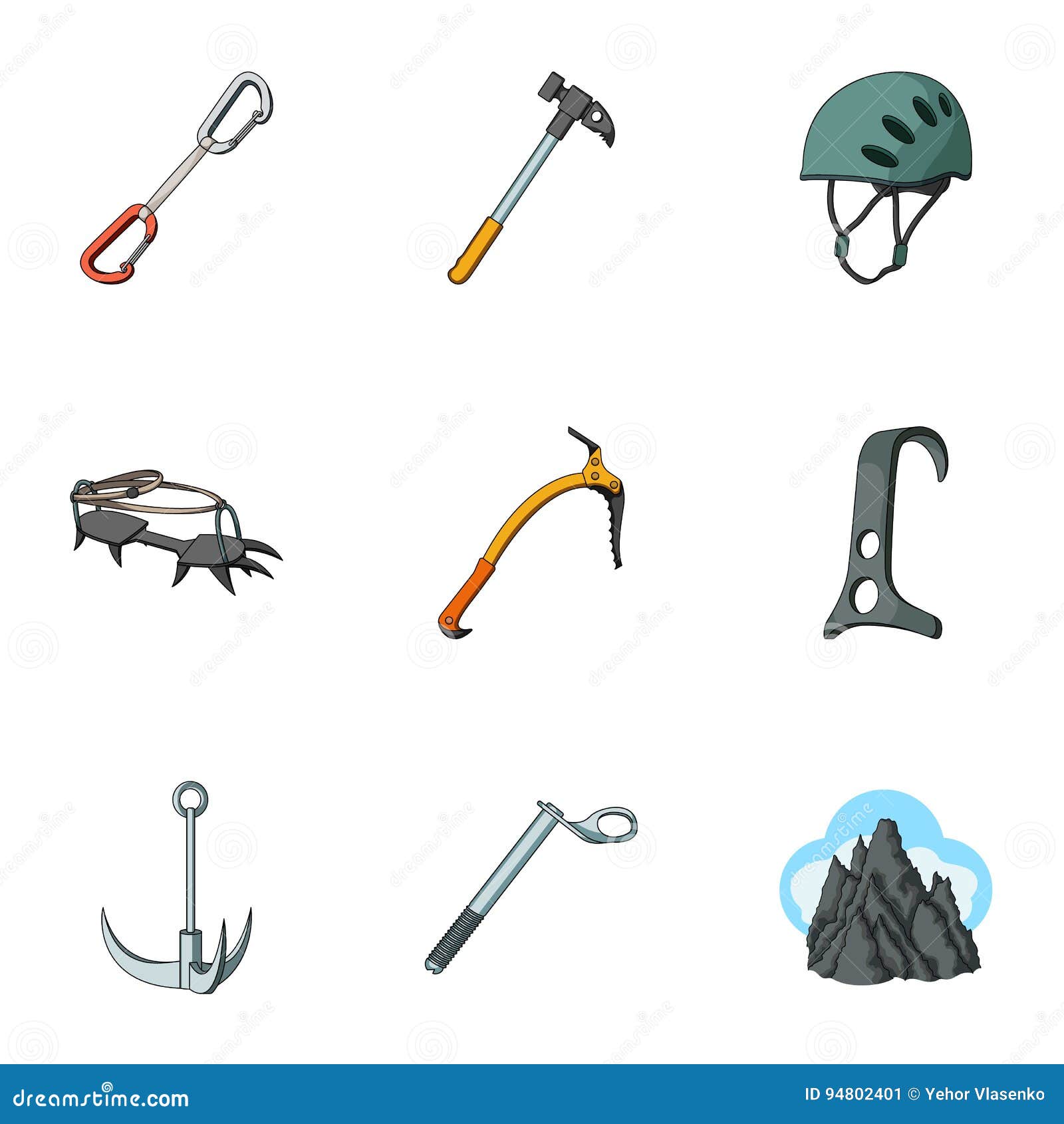 ice ax, conquered top, mountains in the clouds and other equipment for mountaineering.mountaineering set collection