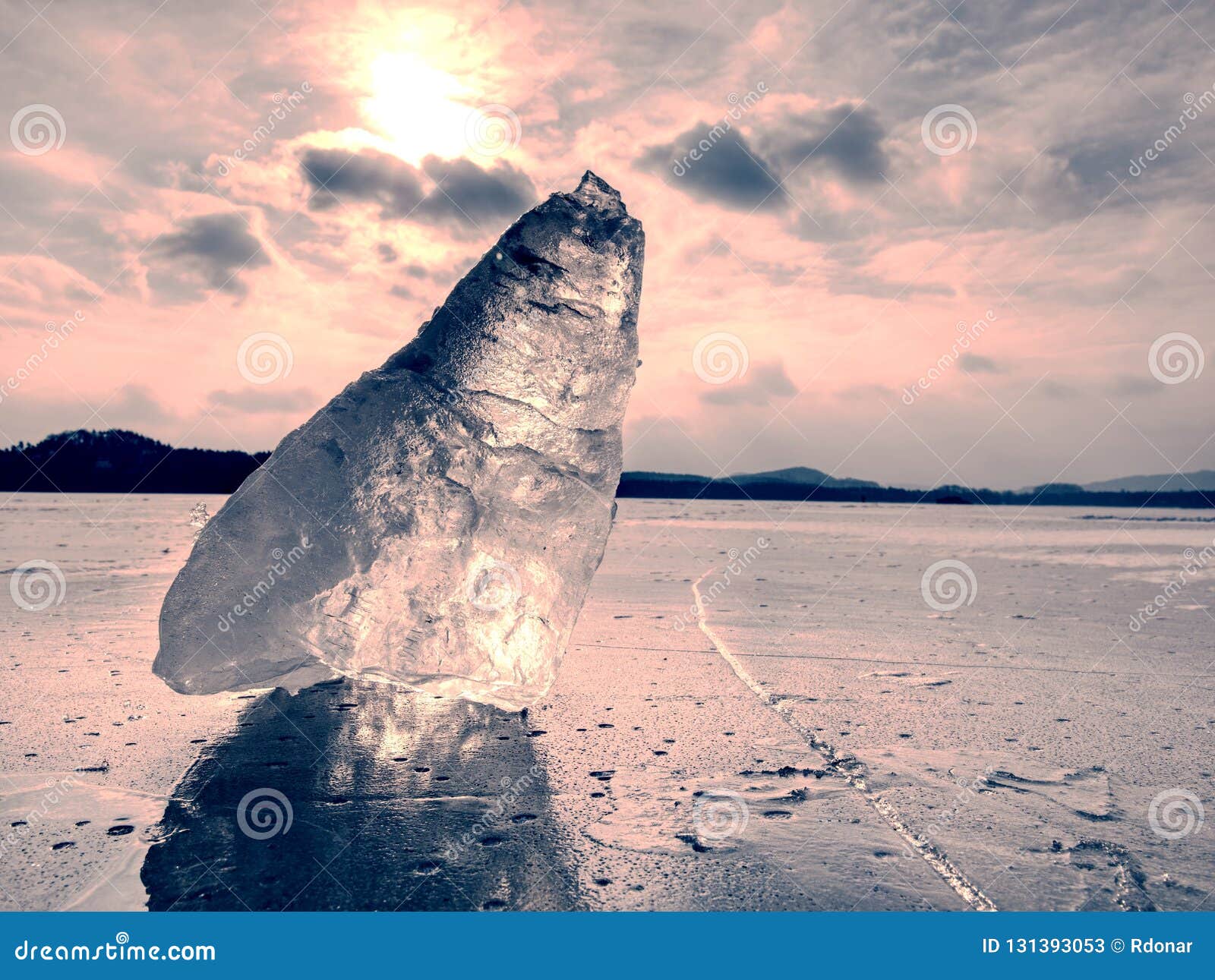 Ice Breake. Floe on Frozen Lake with Sunset Sky Background Stock Image ...