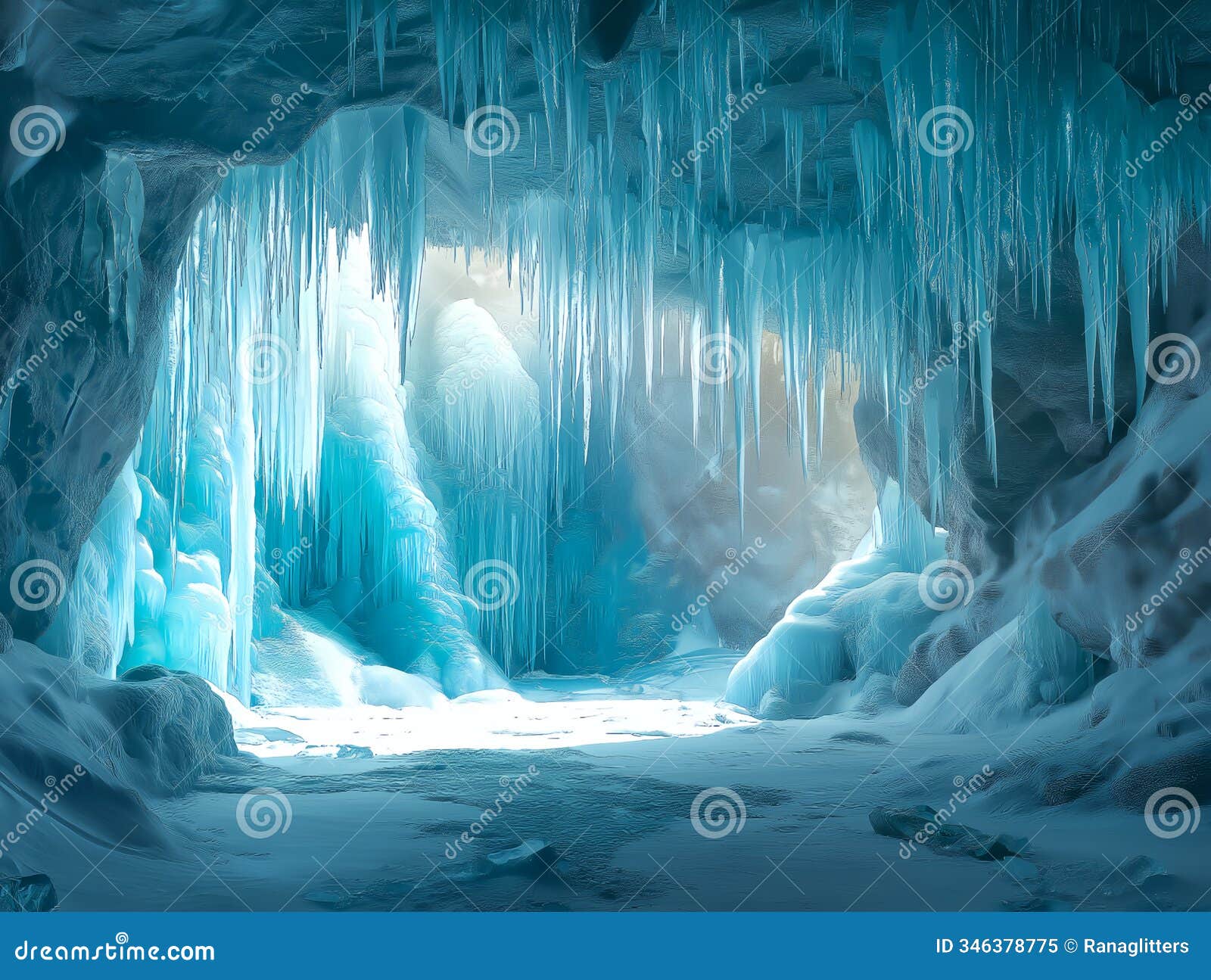 ice cavern with glowing turquoise waterfall and icicles