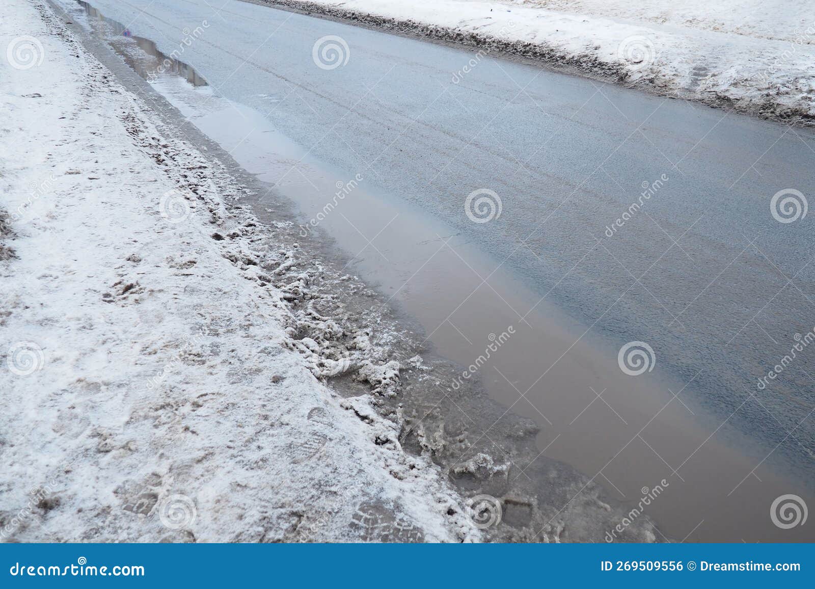 ice on city roads. wet asphalt with sand. snow-covered roadsides. weather forecast. thaw in winter. snow melting. the