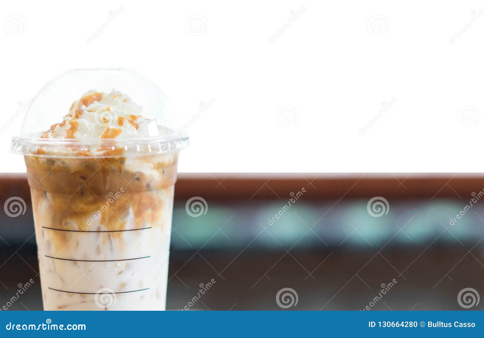 Ice Coffee And Whipped Cream With Caramel Sauce On White Stock Photo