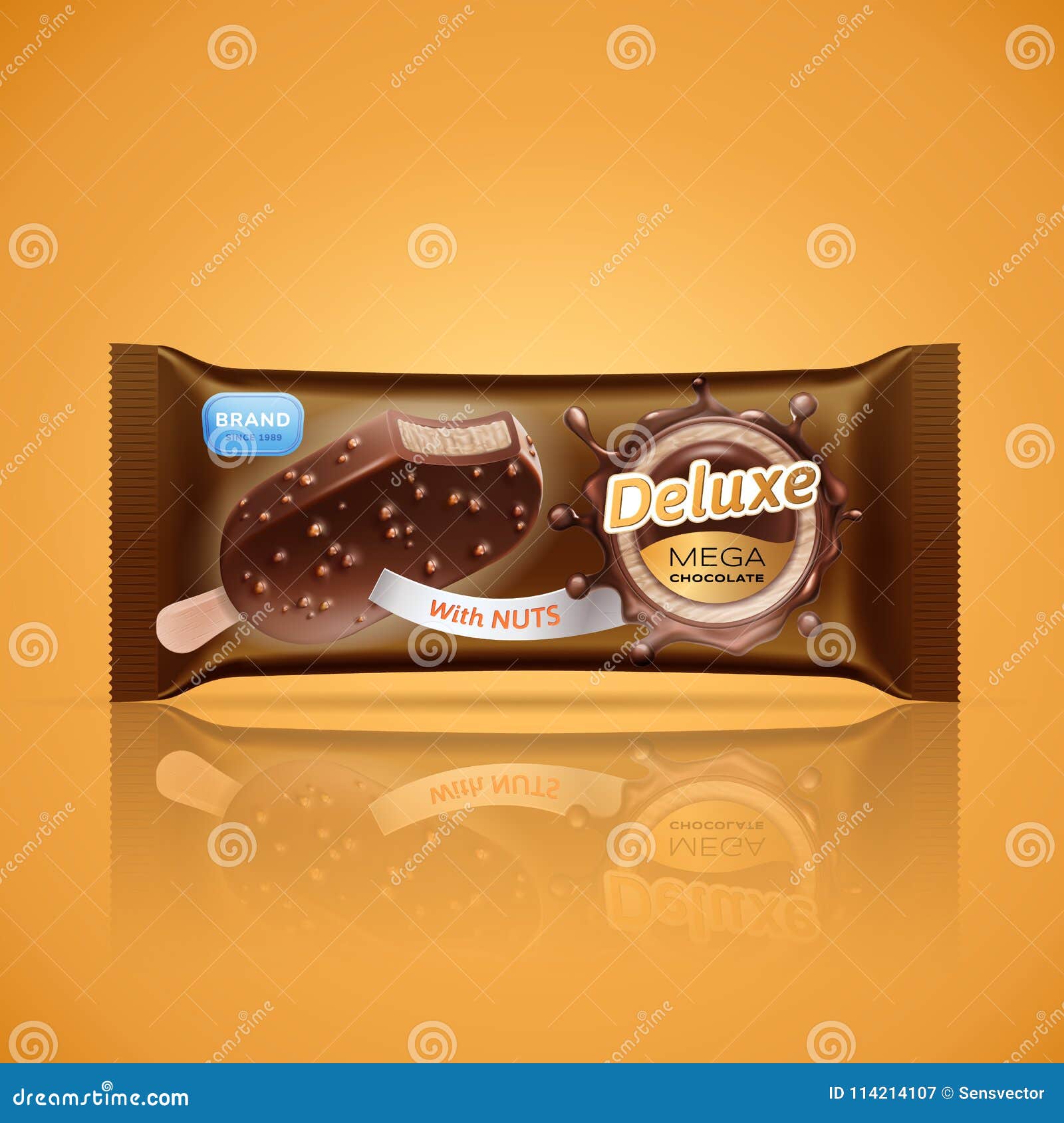 ice cream bar packaging   on orange background.  ice cream in chocolate glaze or sauce with crispy