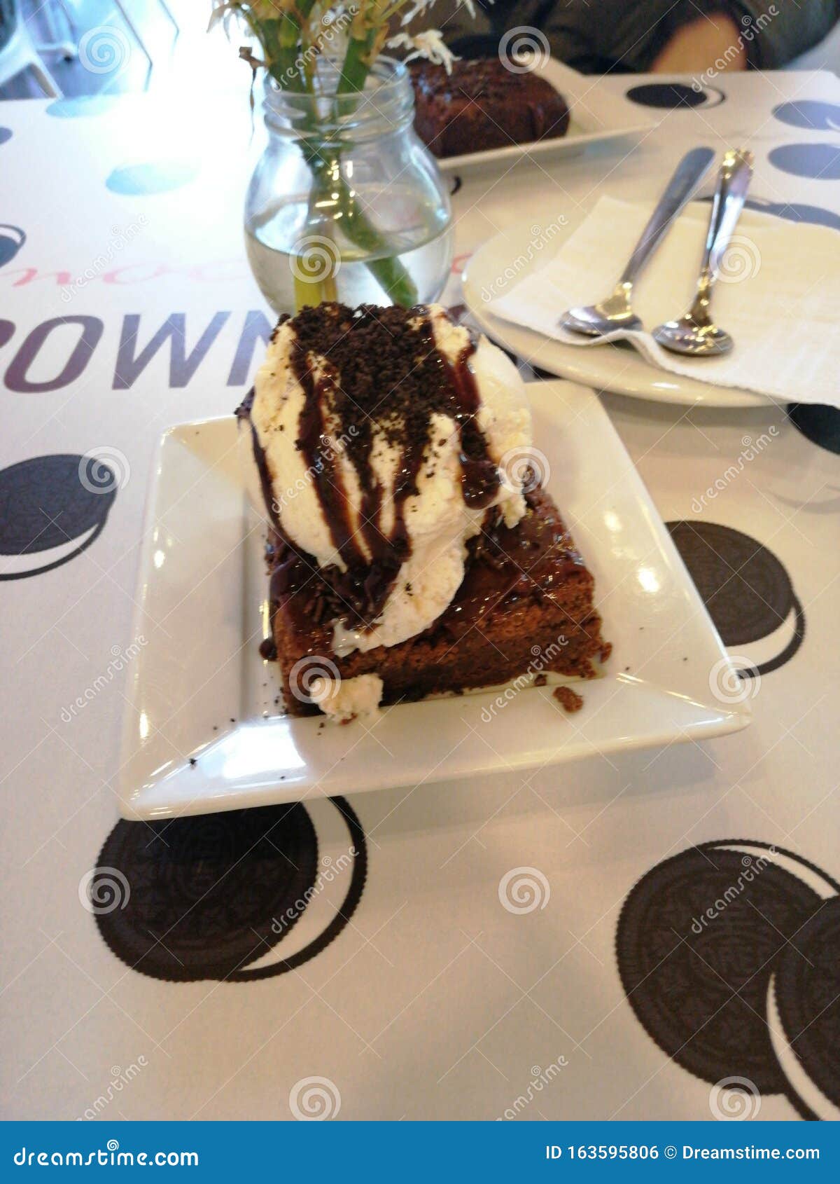 Ice cream and brownies stock photo. Image of food, cream 163595806