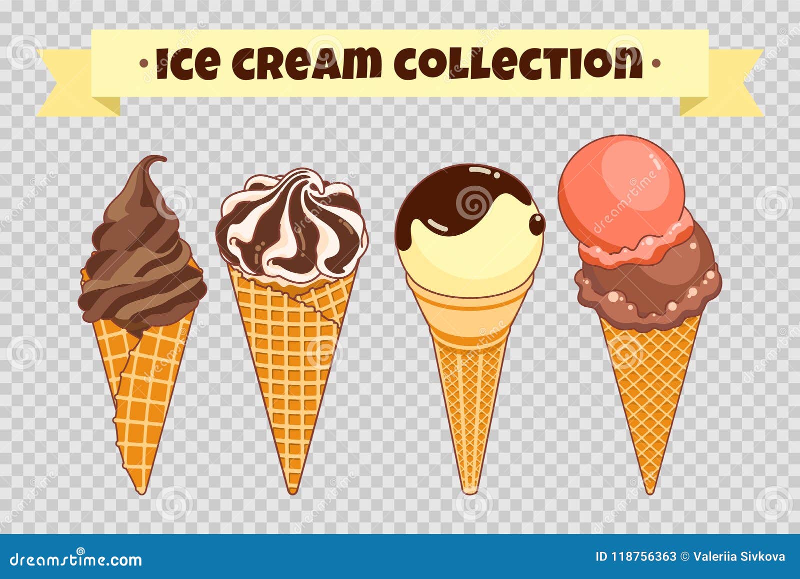Ice Cream Collection at Transparent Background. Colorful Bright Ice Cream,  Waffle Cones and Fruit Ice Stock Vector - Illustration of frozen, cold:  118756363