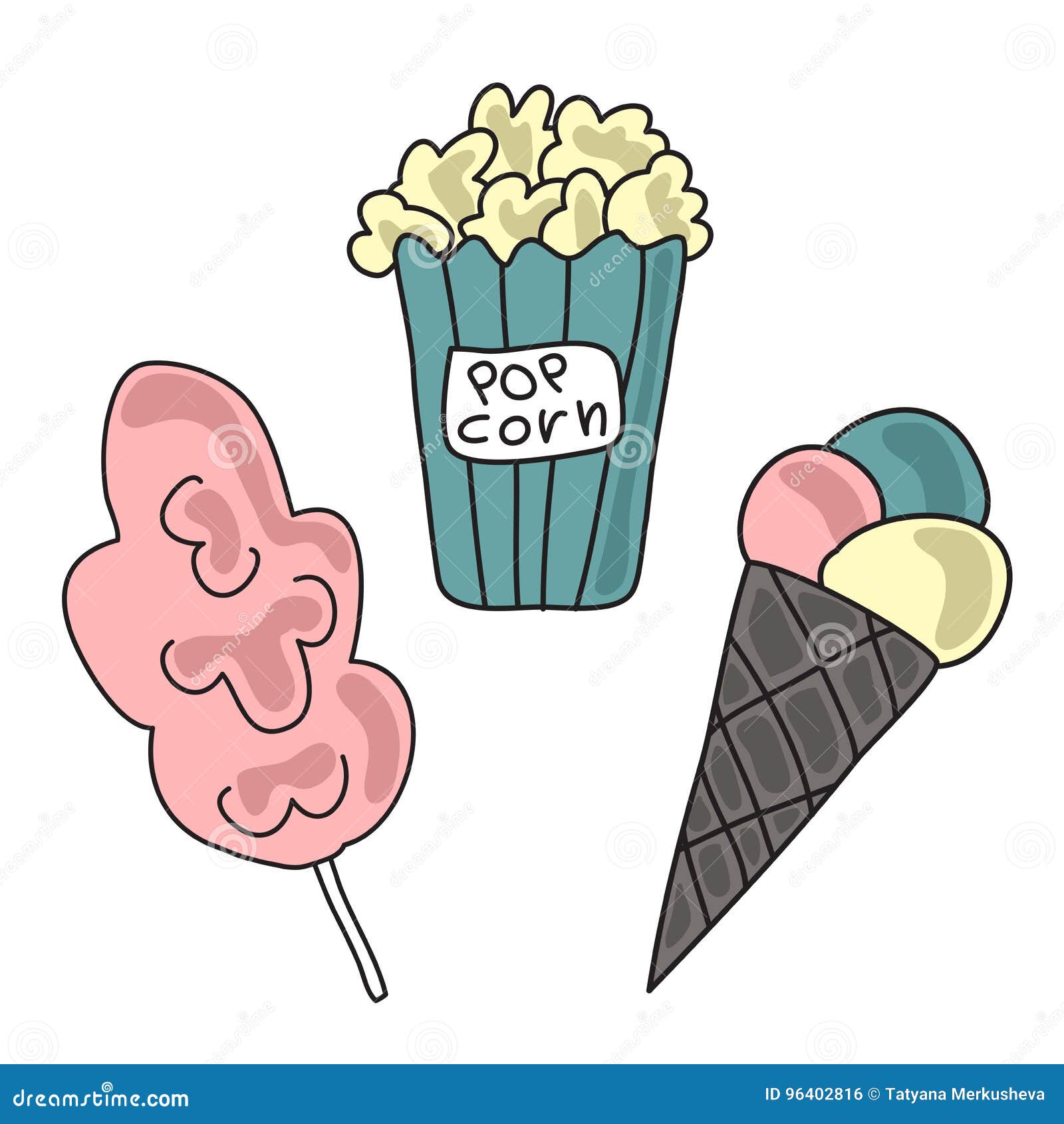 Ice Cream Cone, Cotton Candy and Popcorn. Vector Illustration in Doodle