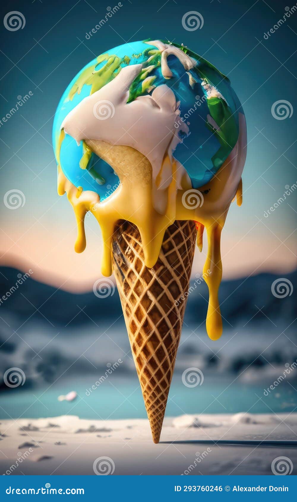 Ice Cream Cone in the Shape of Globe Flowing Down Stock Photo Image