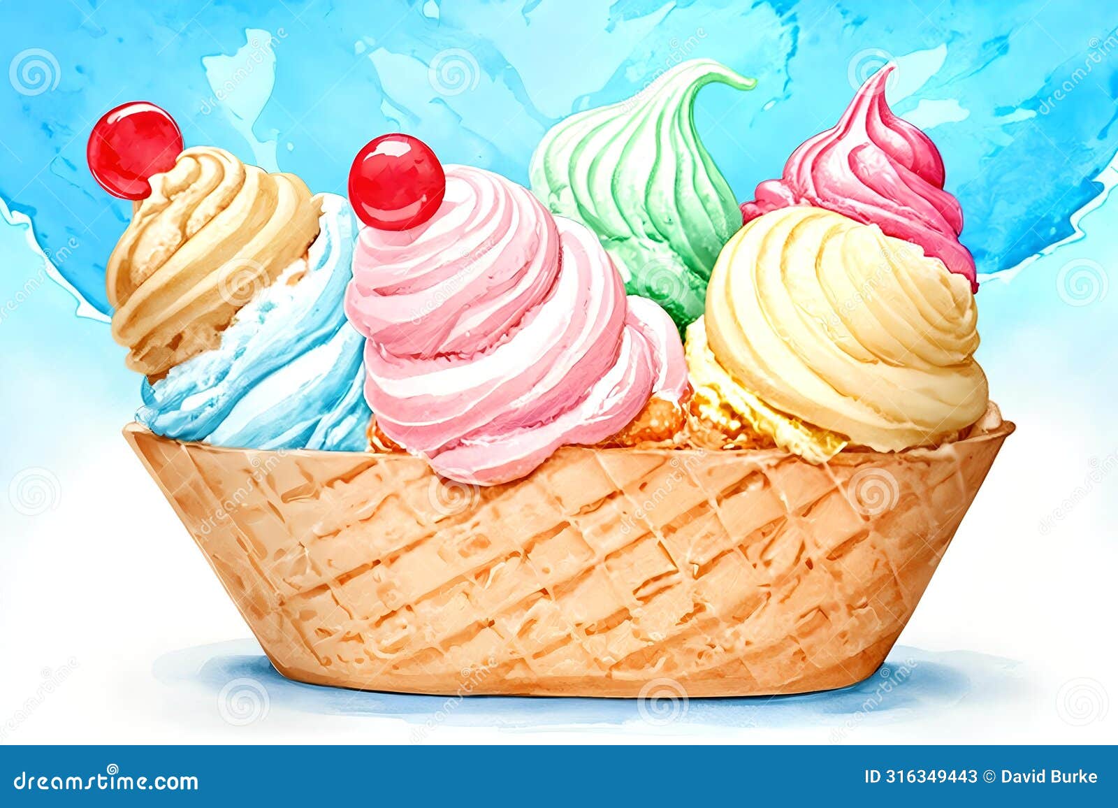 ice cream cone cherry blueberry strawberry lime vanilla flavor dish