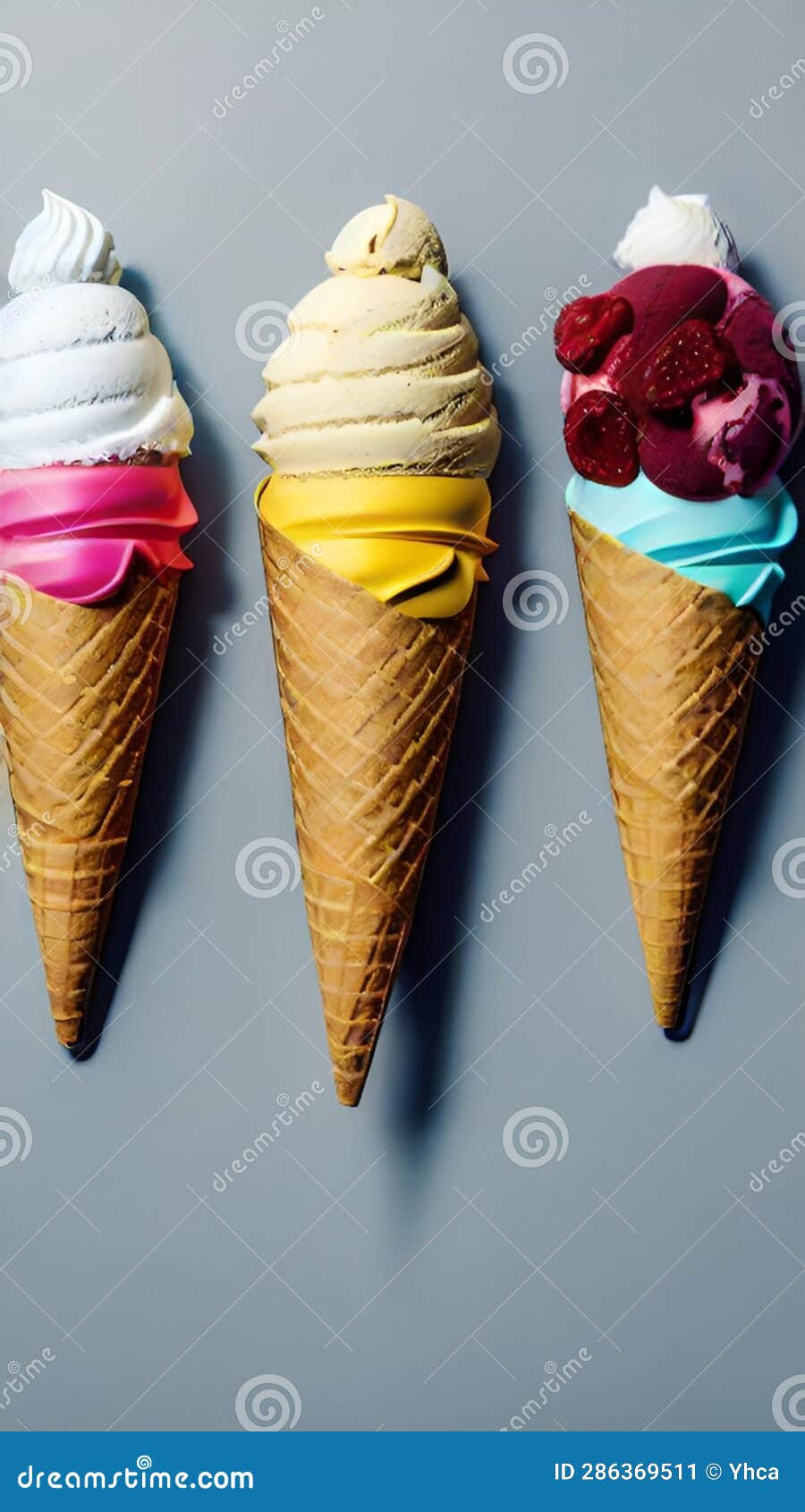 Ice Cream Cones with Different Flavors and Toppings on a White ...