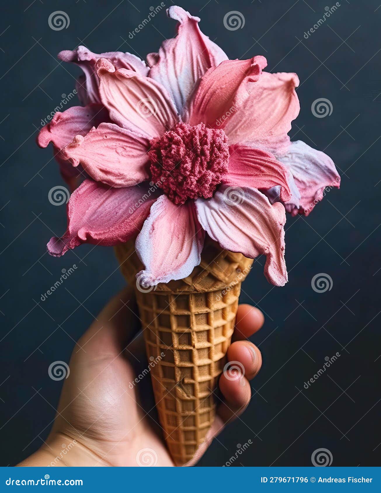 Ice Cream with Flowers, Flower Ice Cream in a Waffle Cup. Stock