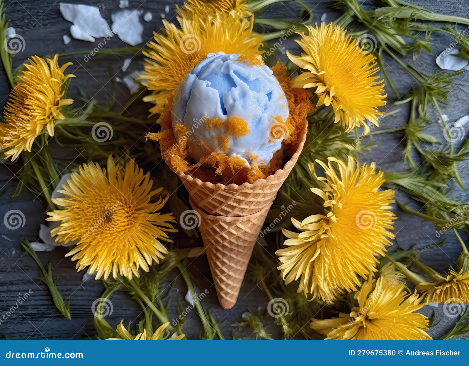 Ice Cream with Flowers, Flower Ice Cream in a Waffle Cup. Stock