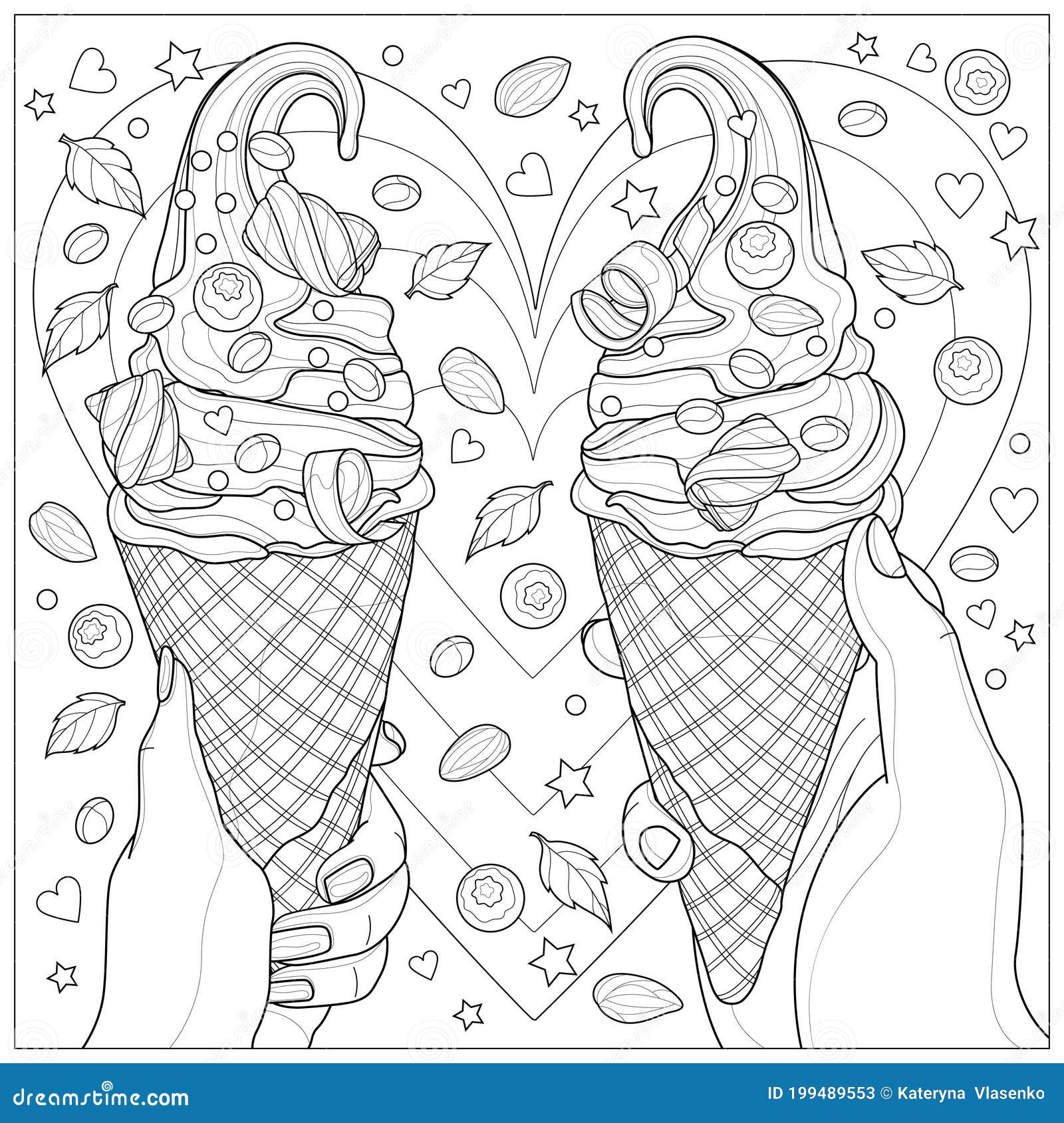 Ice Cream in Hands with Marshmallows, Berries and Almonds.Coloring Book ...