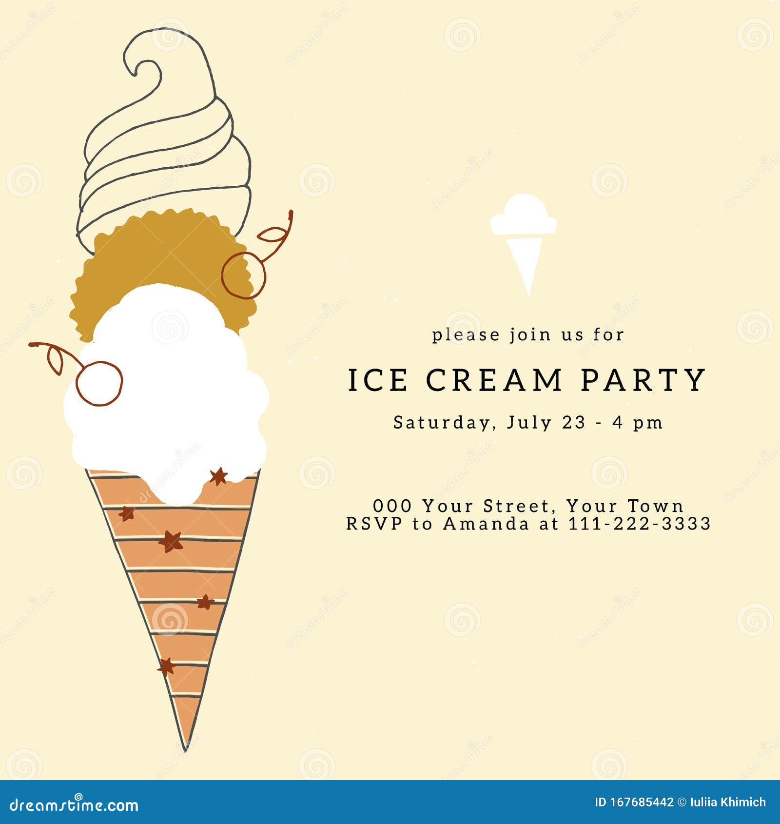 Ice Cream Party Invitation Template With Vector Illustration Big Hand Drawn Dessert Stock Vector Illustration Of Cream Birthday 167685442