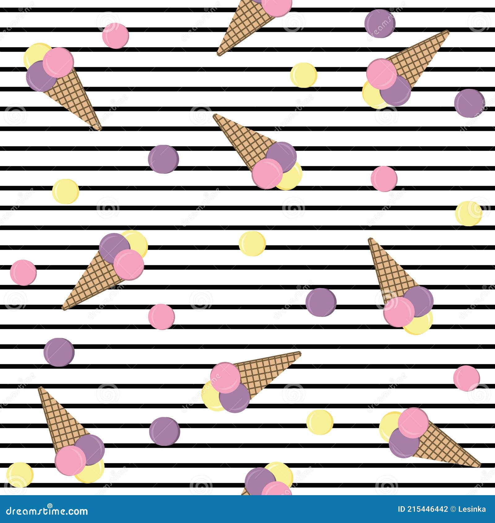 Ice Cream Pattern on White Striped Background, Vector Illustration