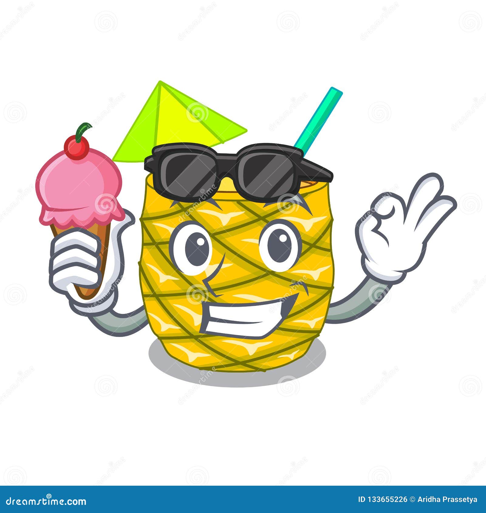 With Ice Cream Pineapple Juice in Glassware on Mascot Stock Vector