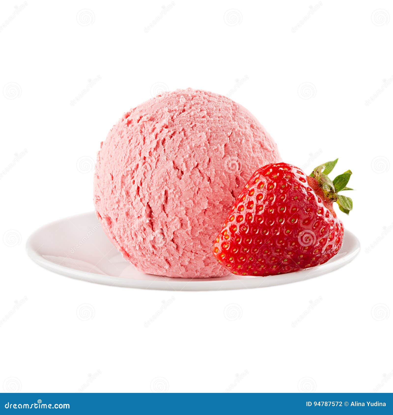 Pink strawberry and coconut ice cream scoops on plate stock photo