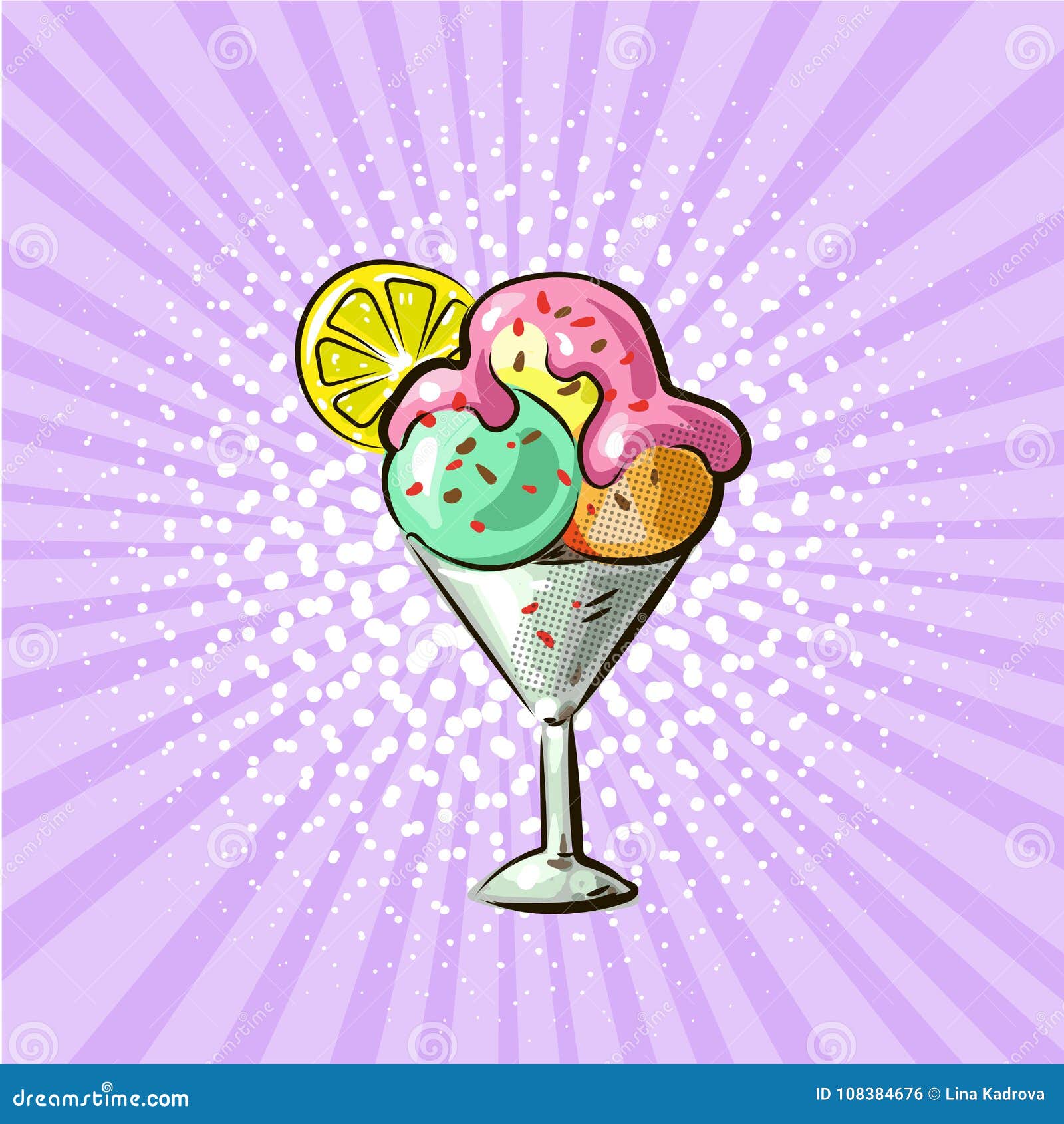 Ice Cream in Glass Three Flavours Pop Art Hand Drawn Vector