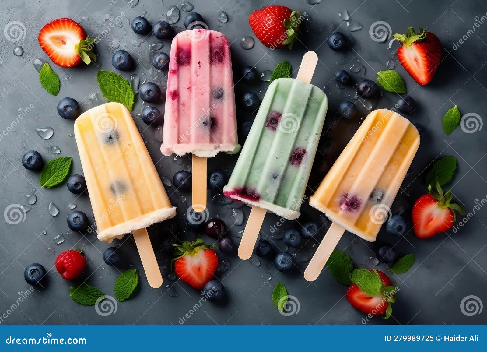 Ice Cream Popsicles with Fruit, Berries, and Ice Toppings. Generative