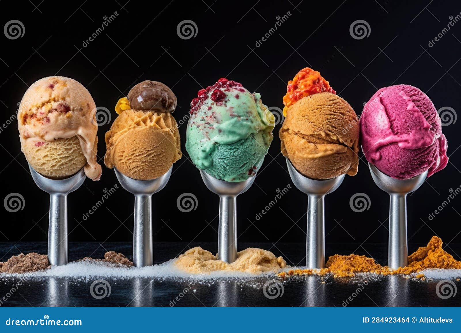 Ice Cream Scoops in Various Flavors, Side by Side Stock Photo Image