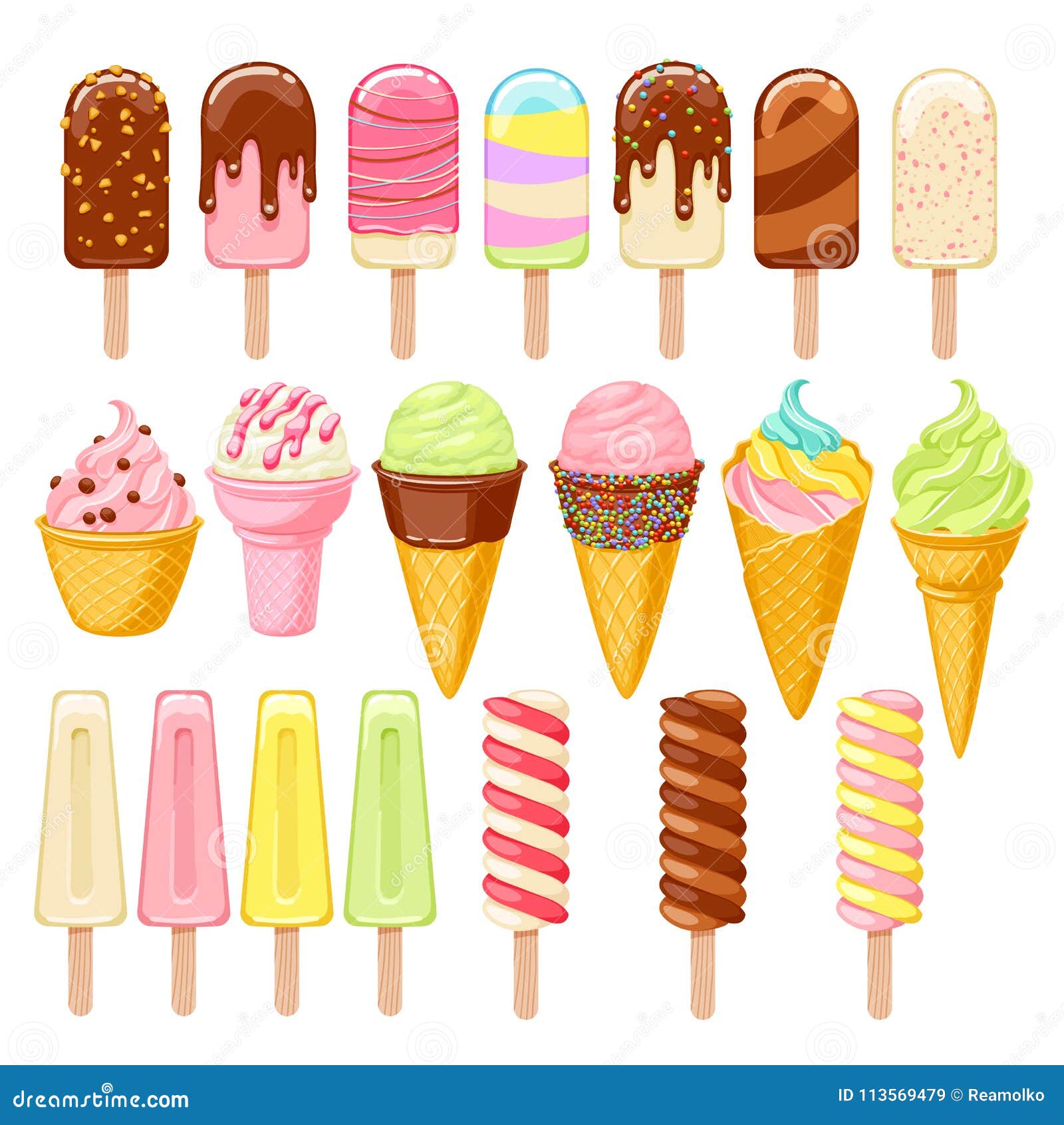 Colorful 3 ball cone ice cream set Royalty Free Vector Image