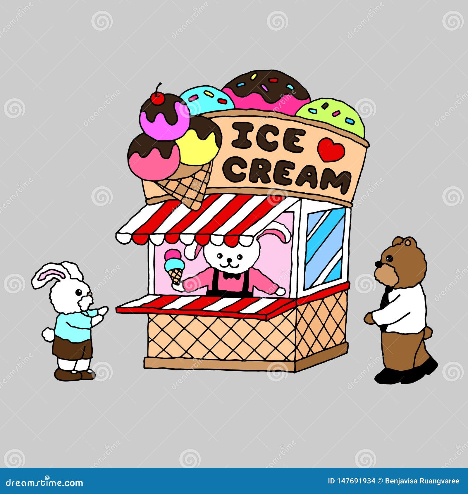 Ice Cream Shop Vector Illustration Design Hand Drawing Art Cute Animal  Stock Vector - Illustration of cafe, icecream: 147691934