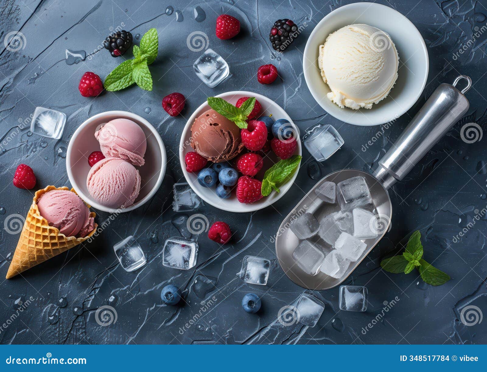 fresh berry ice cream with mint in white bowls, gray background, ice cubes, and metal scoop
