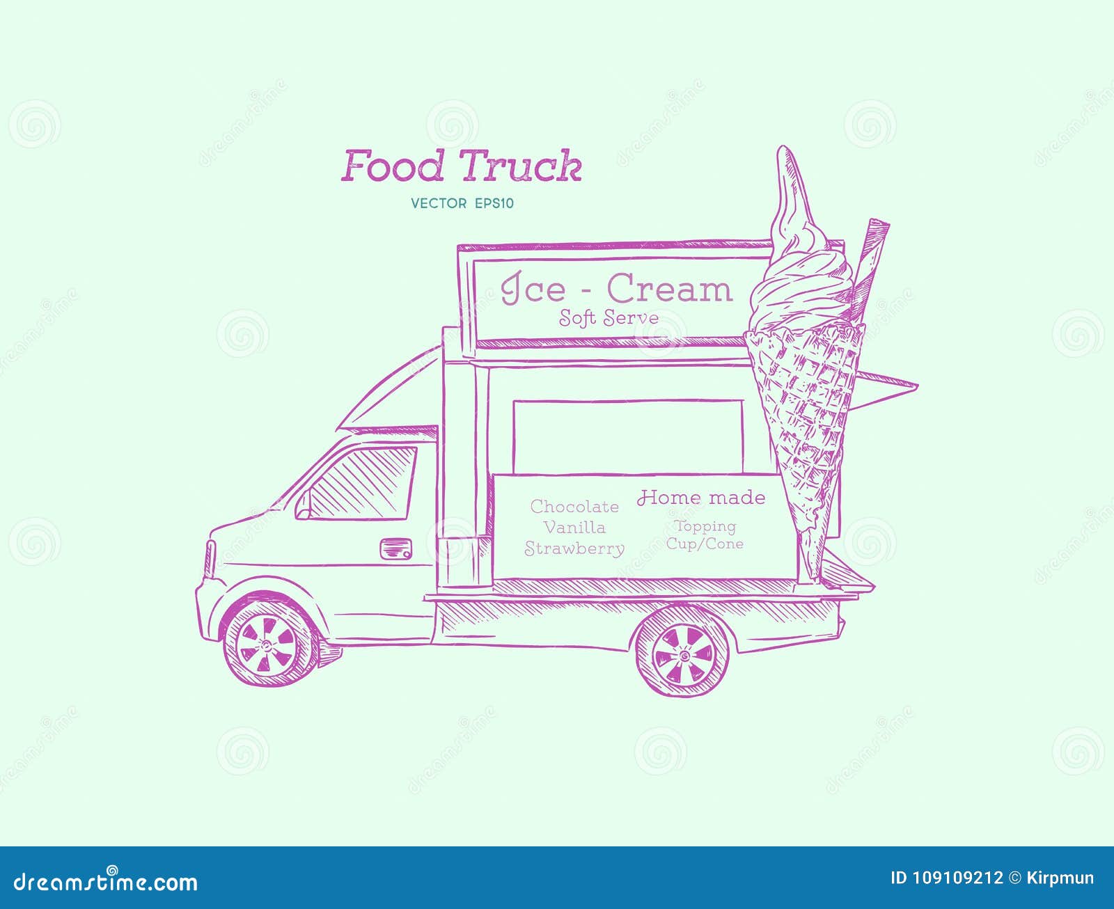 Ice Cream Truck. Vector Hand Drawn Illustration Stock Vector