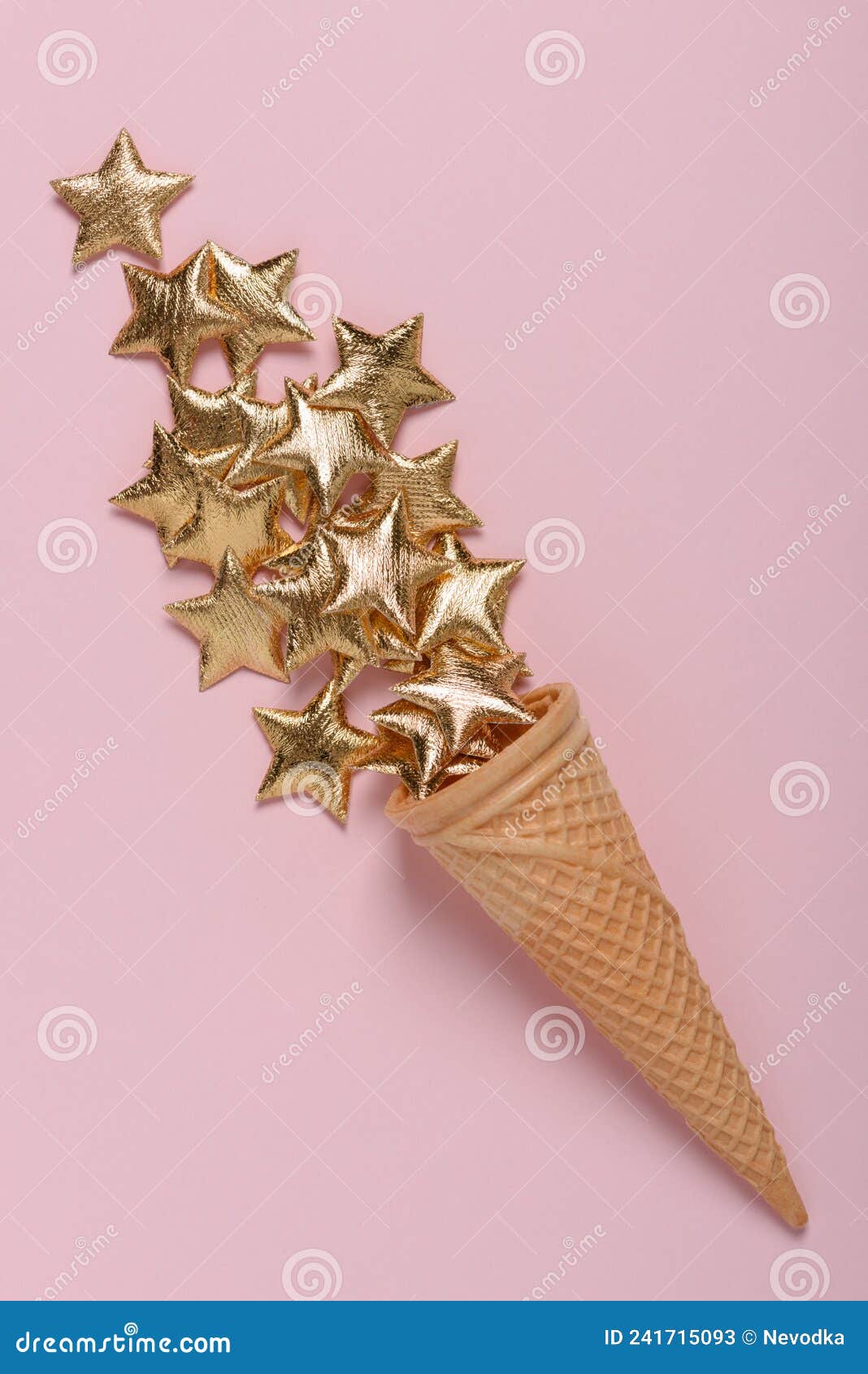 Ice Cream Wafer Cone with Shiny Gold Stars on Pink Pastel Background ...