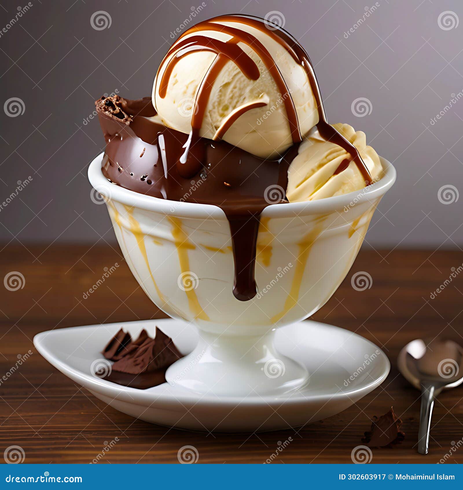 ice cream with wiped cream and chocolate sauce. generative ai