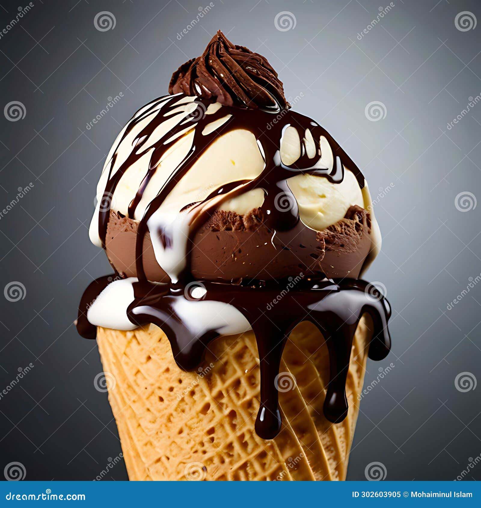ice cream with wiped cream and chocolate sauce. generative ai