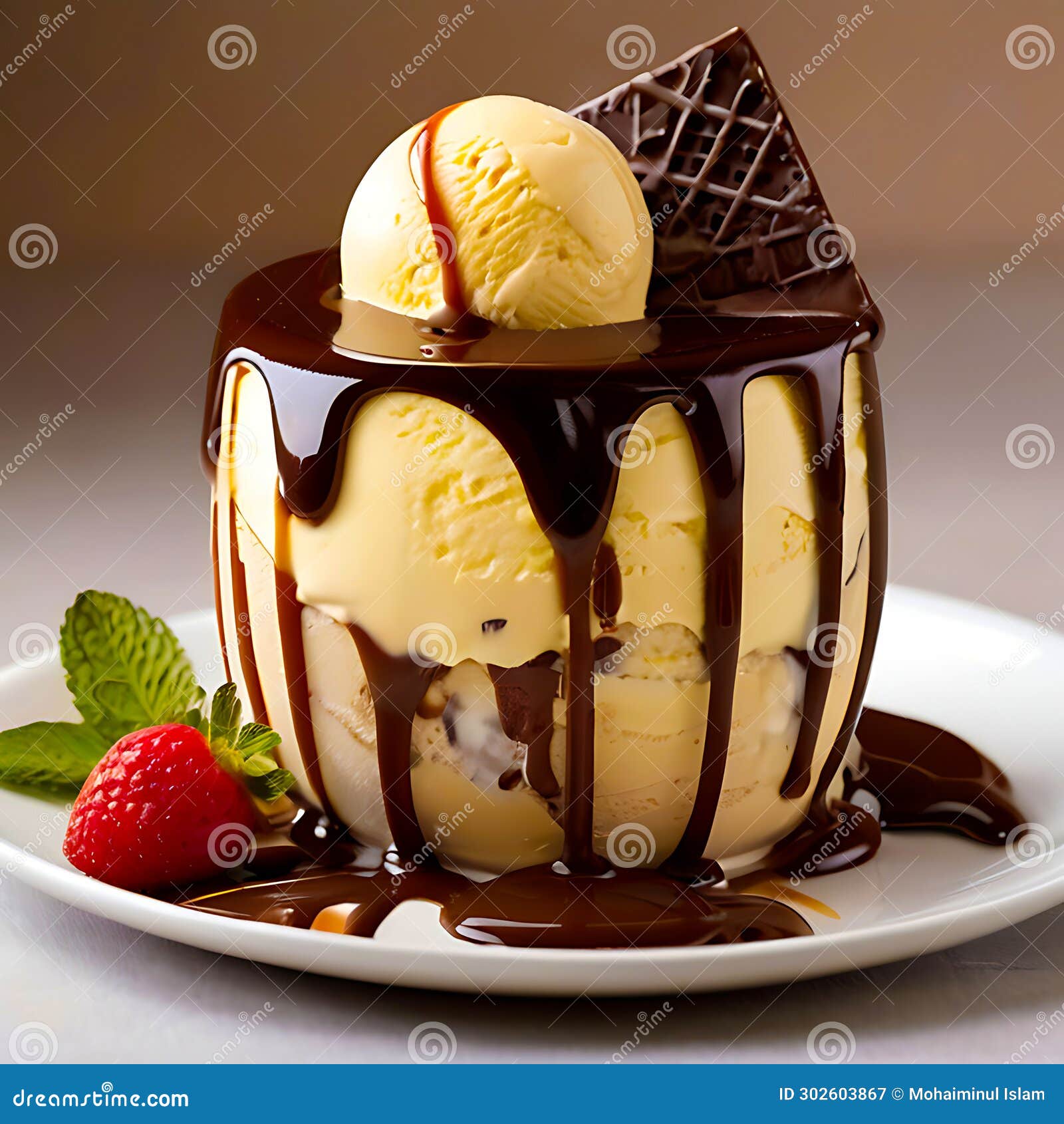 ice cream with wiped cream and chocolate sauce. generative ai