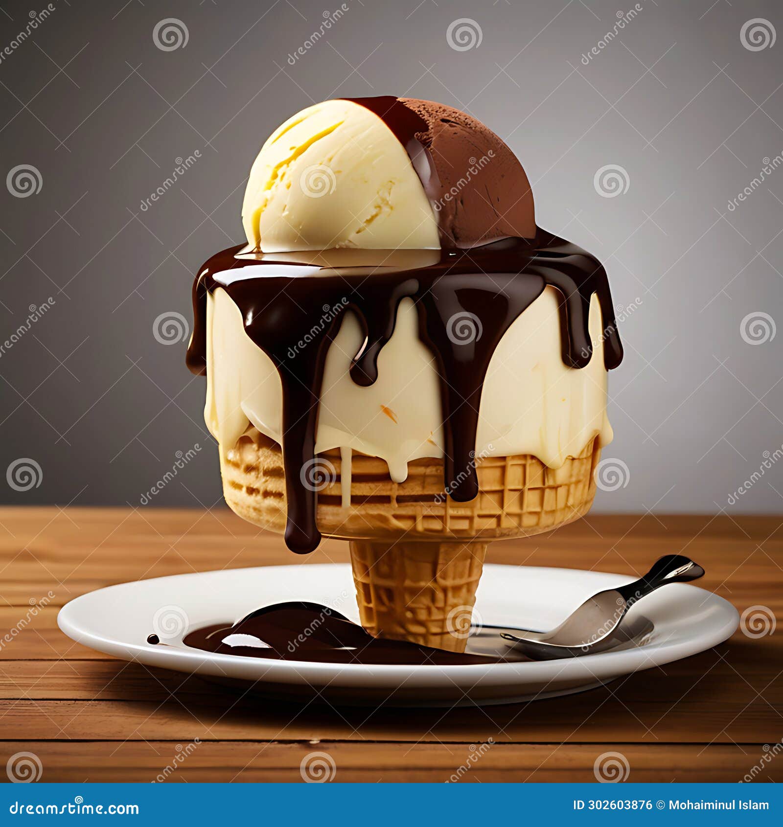 ice cream with wiped cream and chocolate sauce. generative ai