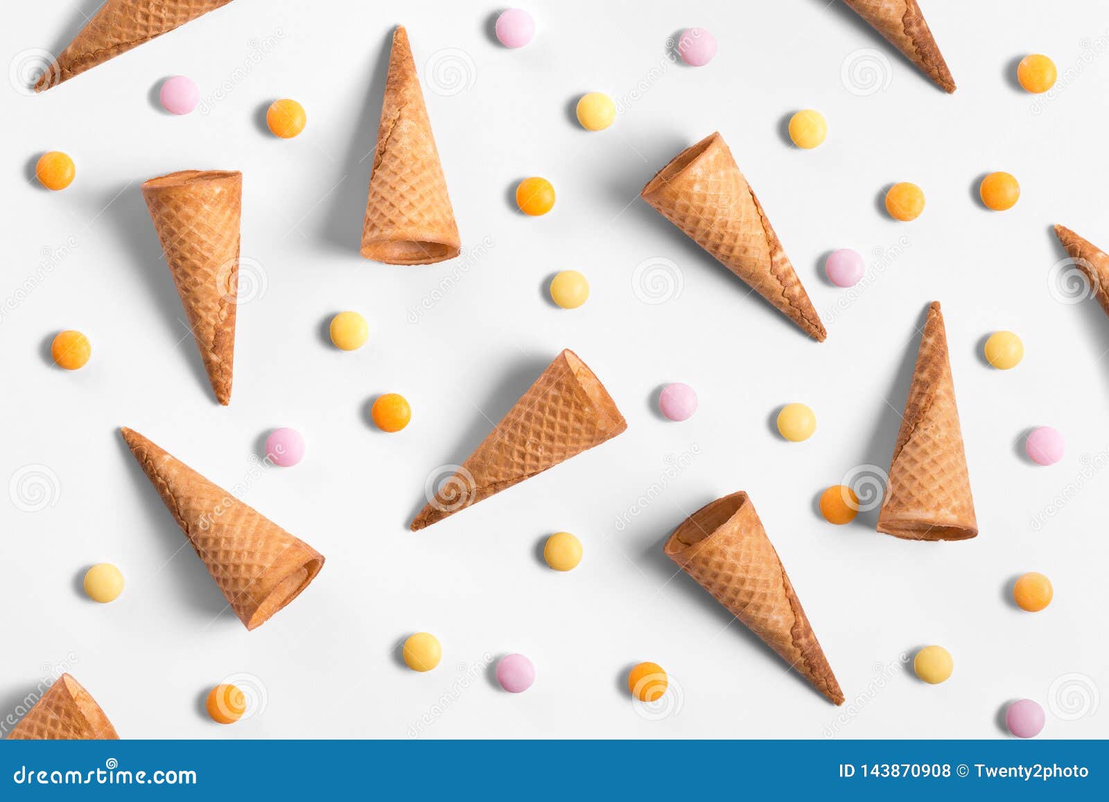 Ice Crean Cones and Candy Lay Flat Image Wallpaper Stock Photo Image