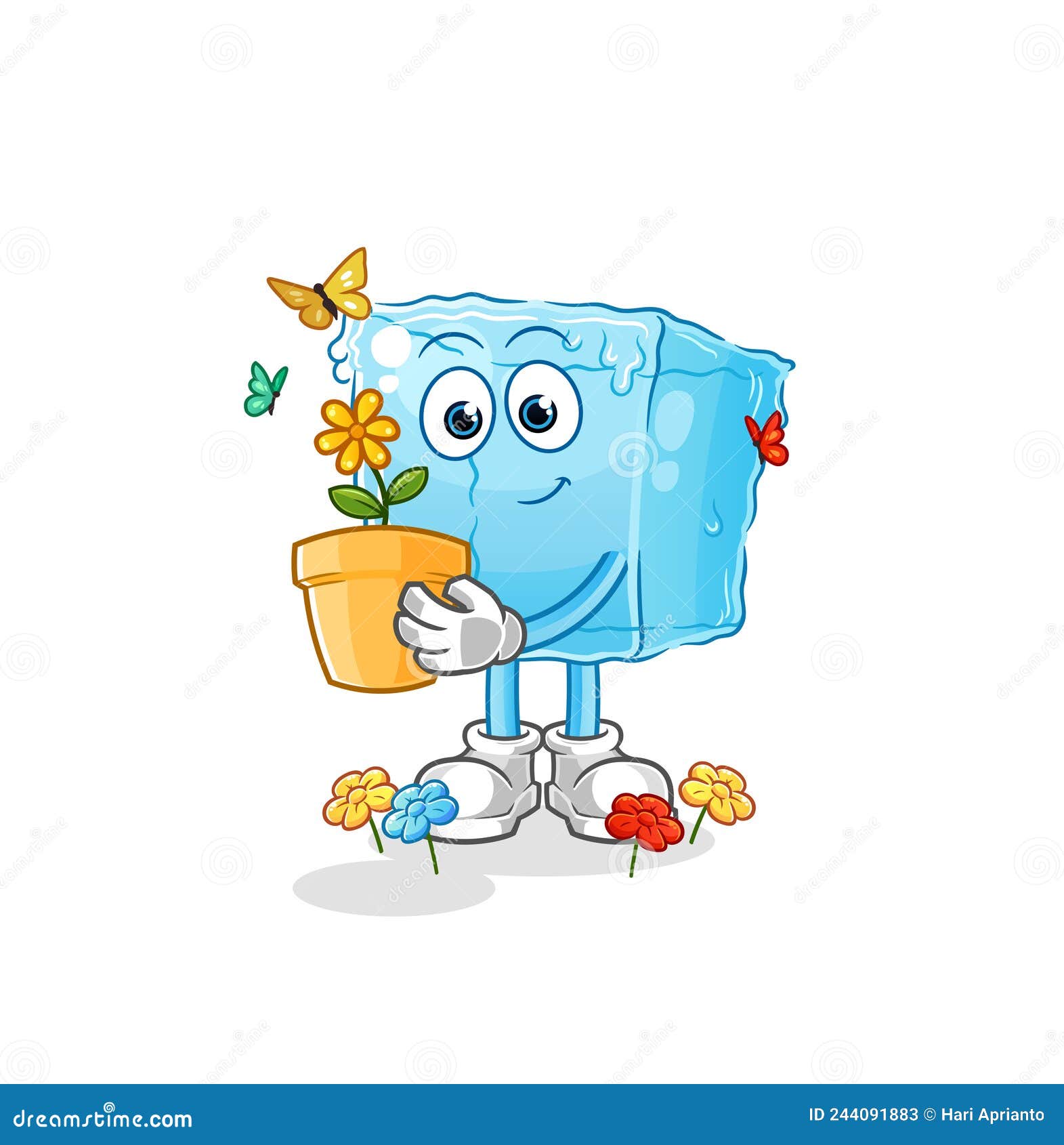Ice Cube with a Flower Pot. Character Vector Stock Vector