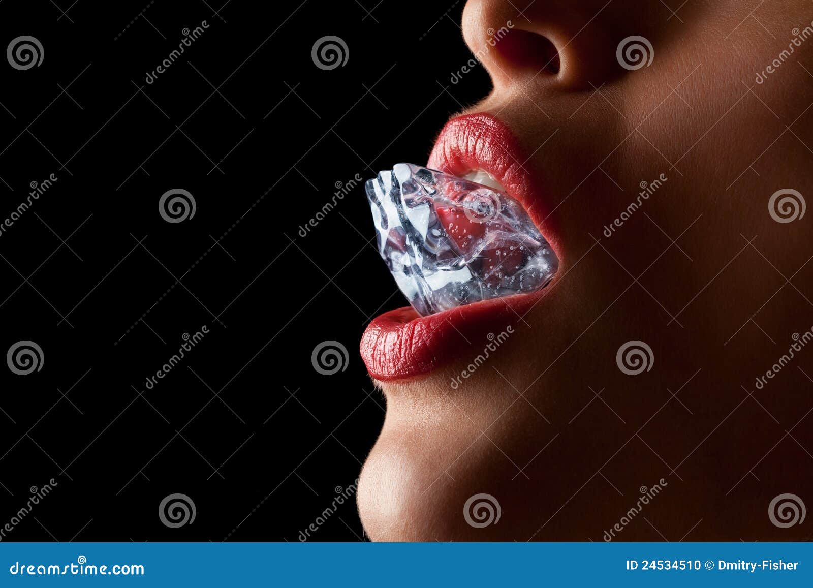 ice cube in woman's mouth.