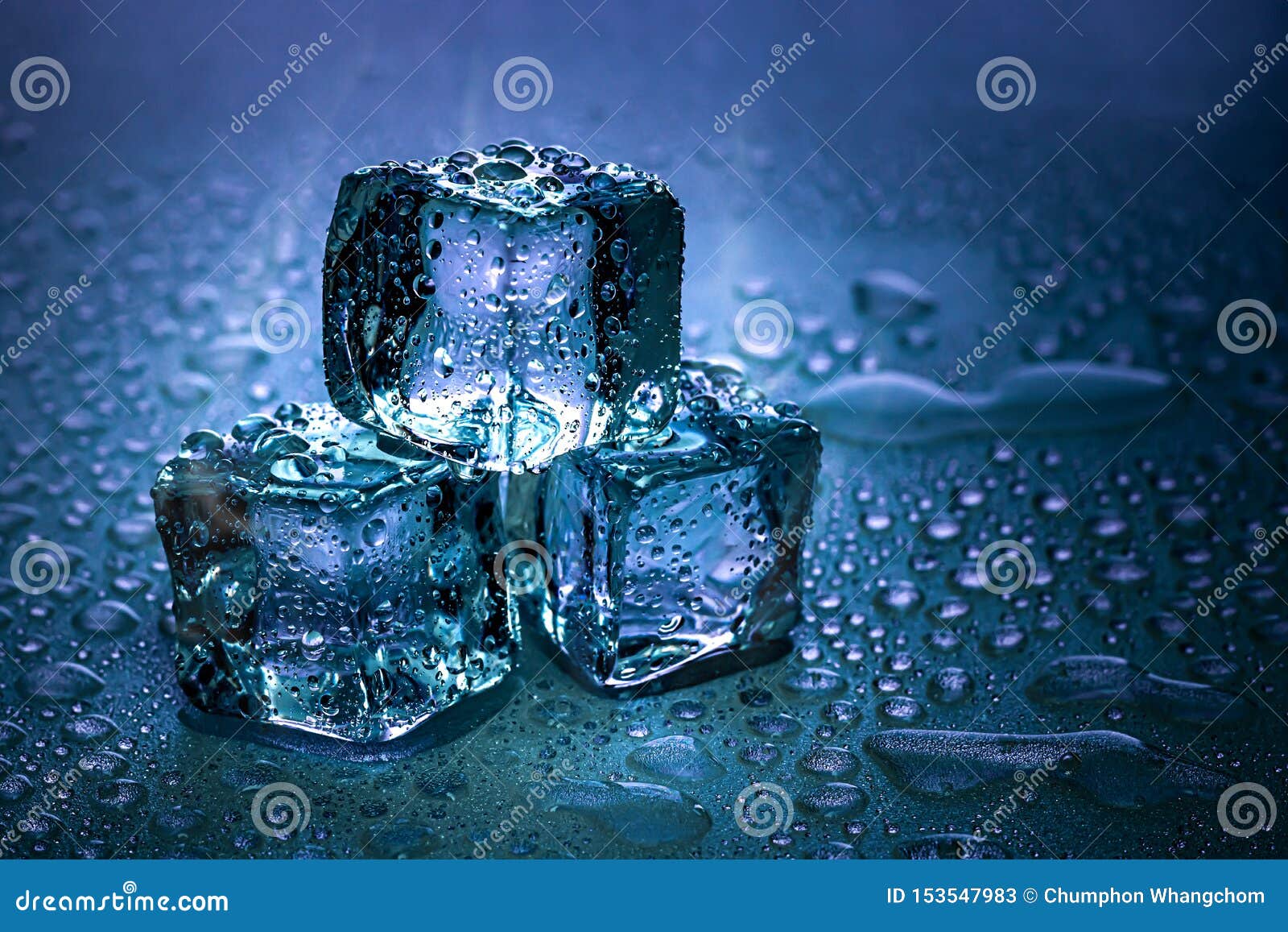 ice cubes and water melt on cool background. ice blocks with cold drinks or beverage
