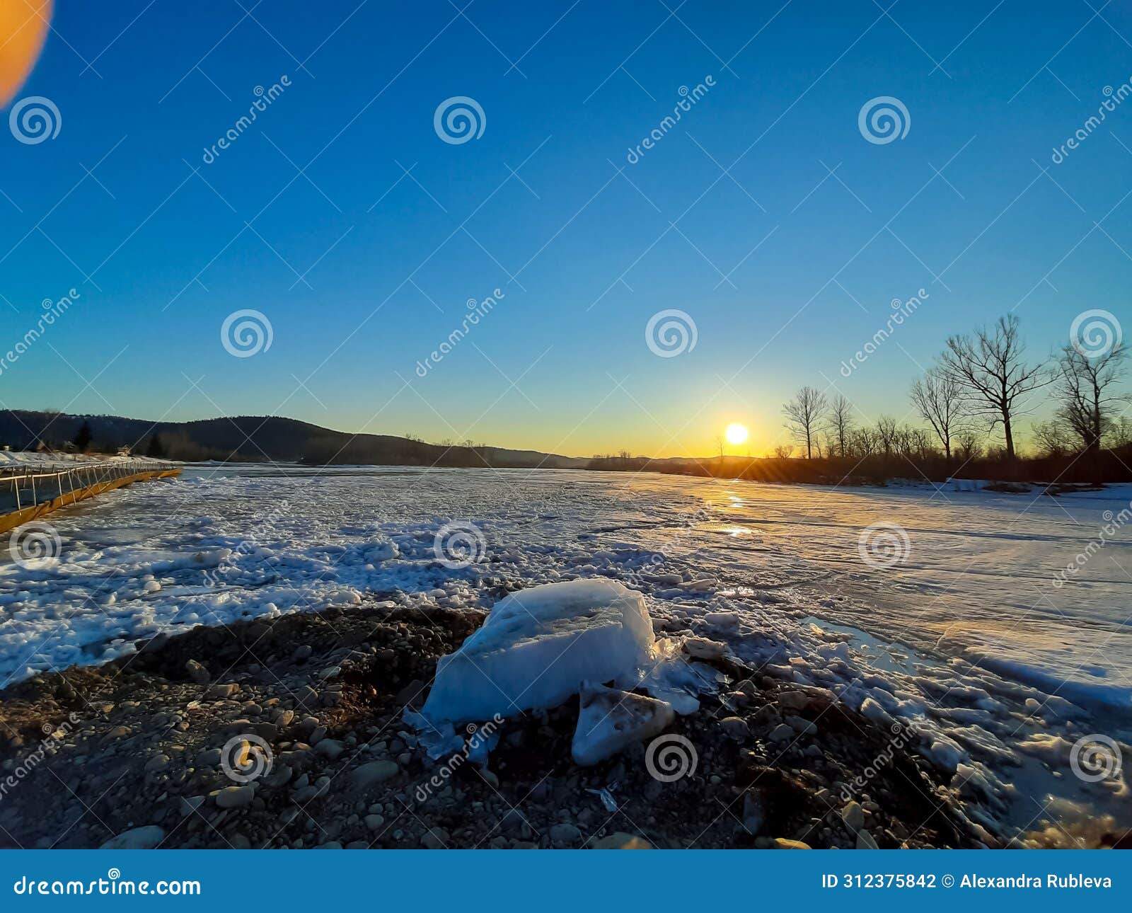 ice drift on river. ice in motion during early spring. floating of ice in spring. springtime ice drifting on the river