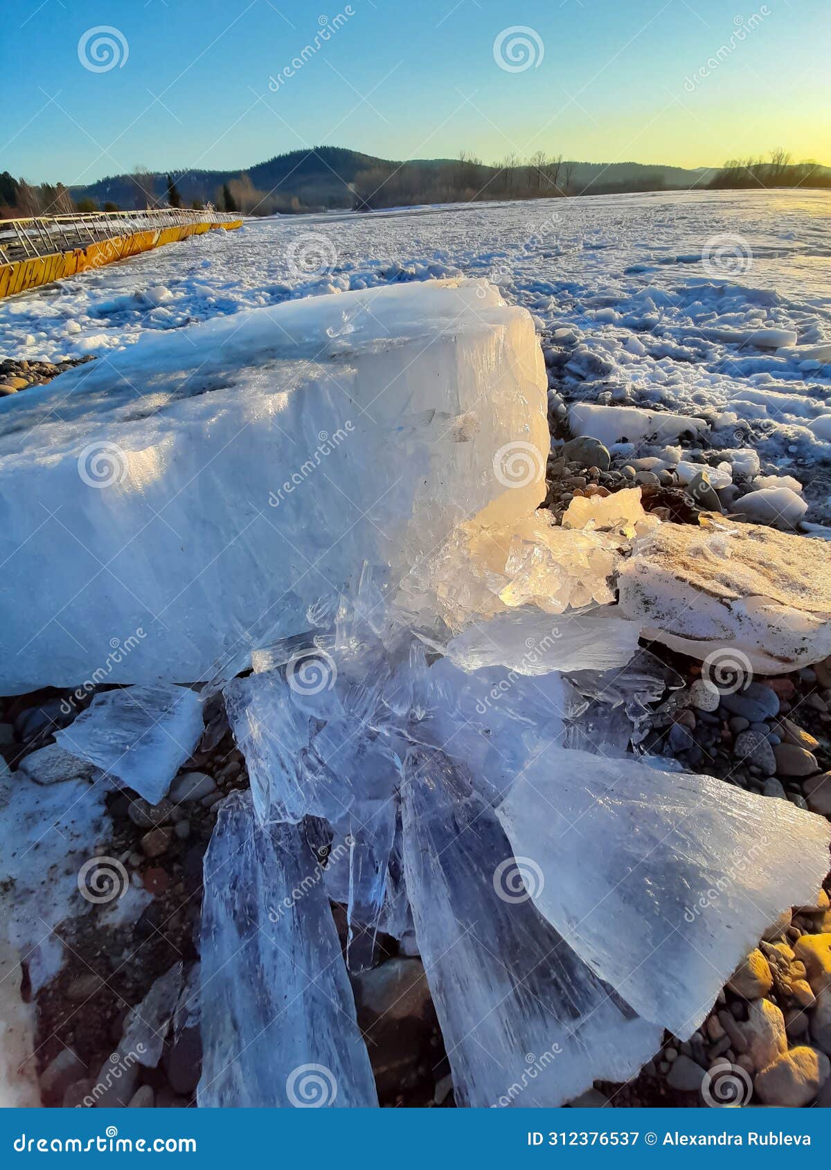 ice drift on river. ice in motion during early spring. floating of ice in spring. springtime ice drifting on the river