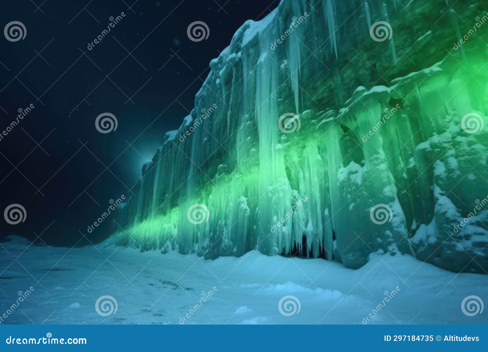ice-encrusted cliff under the northern lights