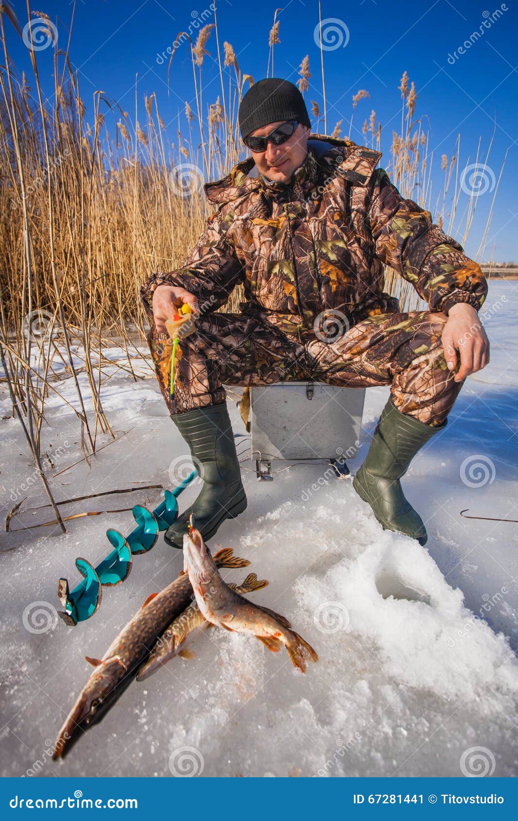 Download Ice Fisherman With Pike Caught On A Tip Up Stock Image ...