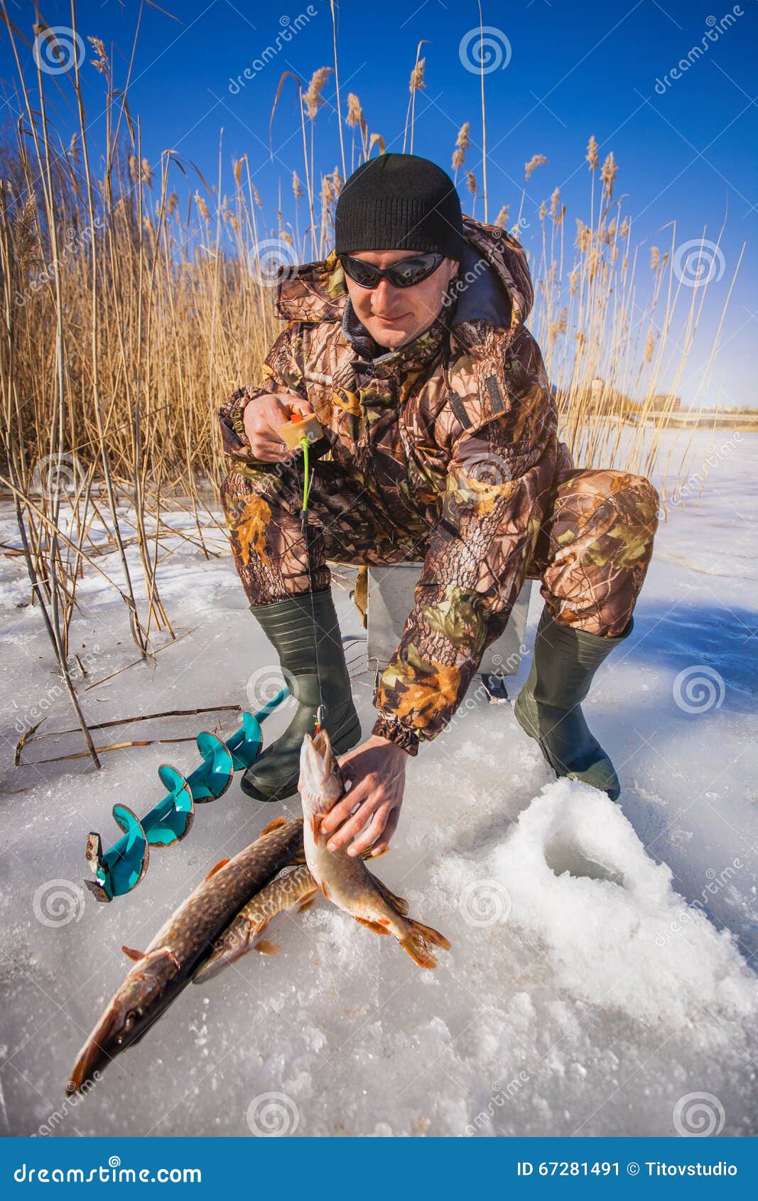 Download Ice Fisherman With Pike Caught On A Tip Up Stock Image ...